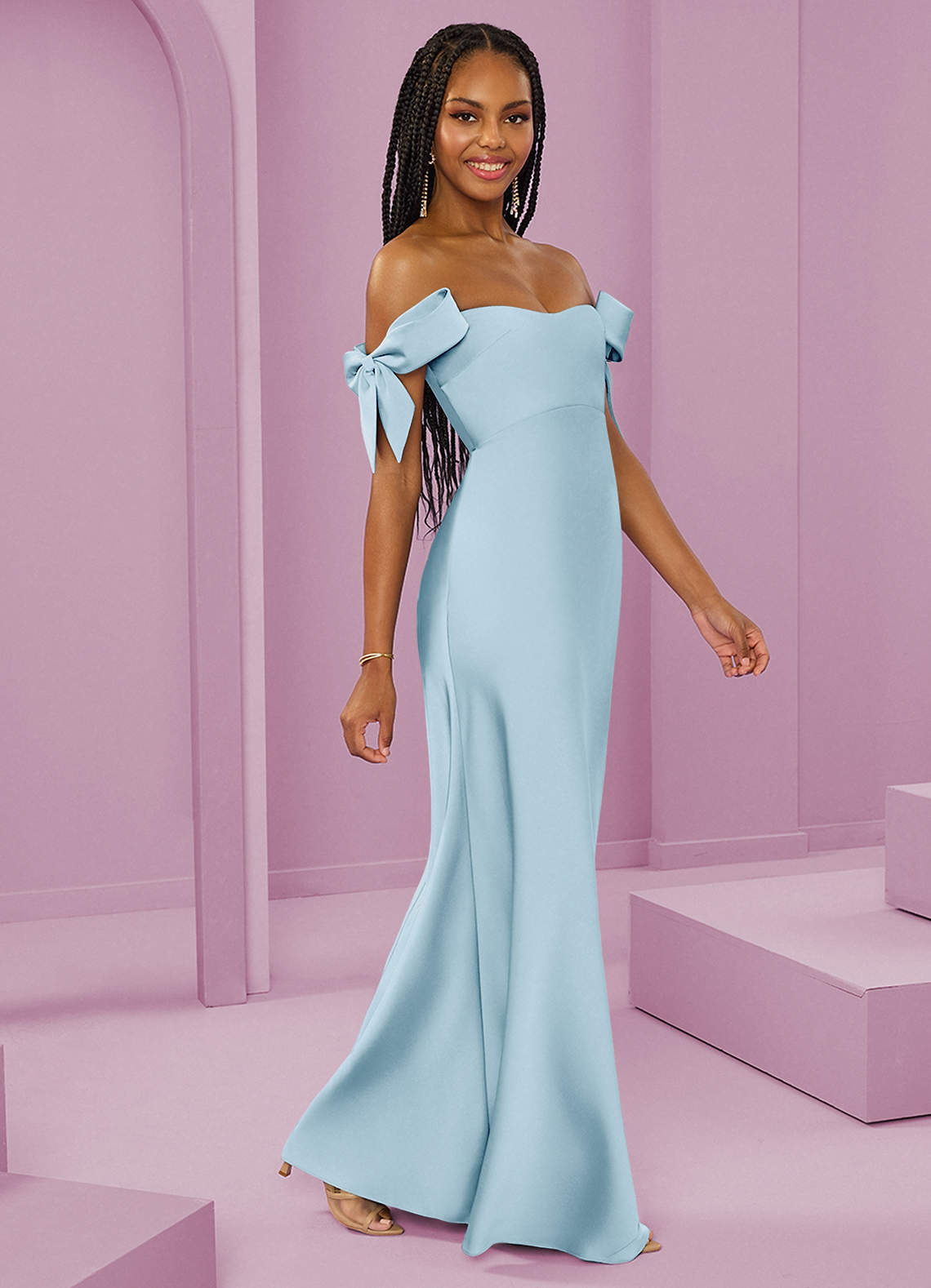 Barbie ♥ Azazie Abiti da Damigella Abito Convertibile Tubino in Raso Elasticizzato a Spalla Scoperta Azzurro image1