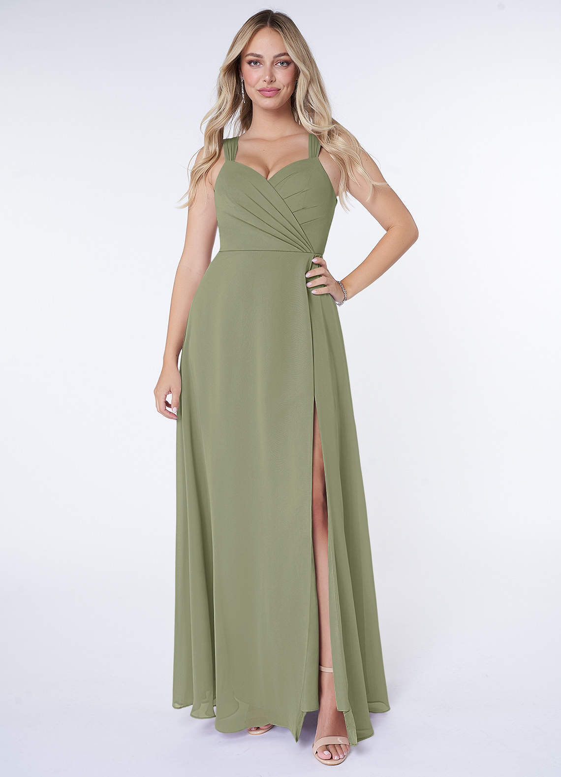 Azazie Nahrin Bridesmaid Dresses Pistachio A-Line V-Neck Pleated Chiffon Dress image1