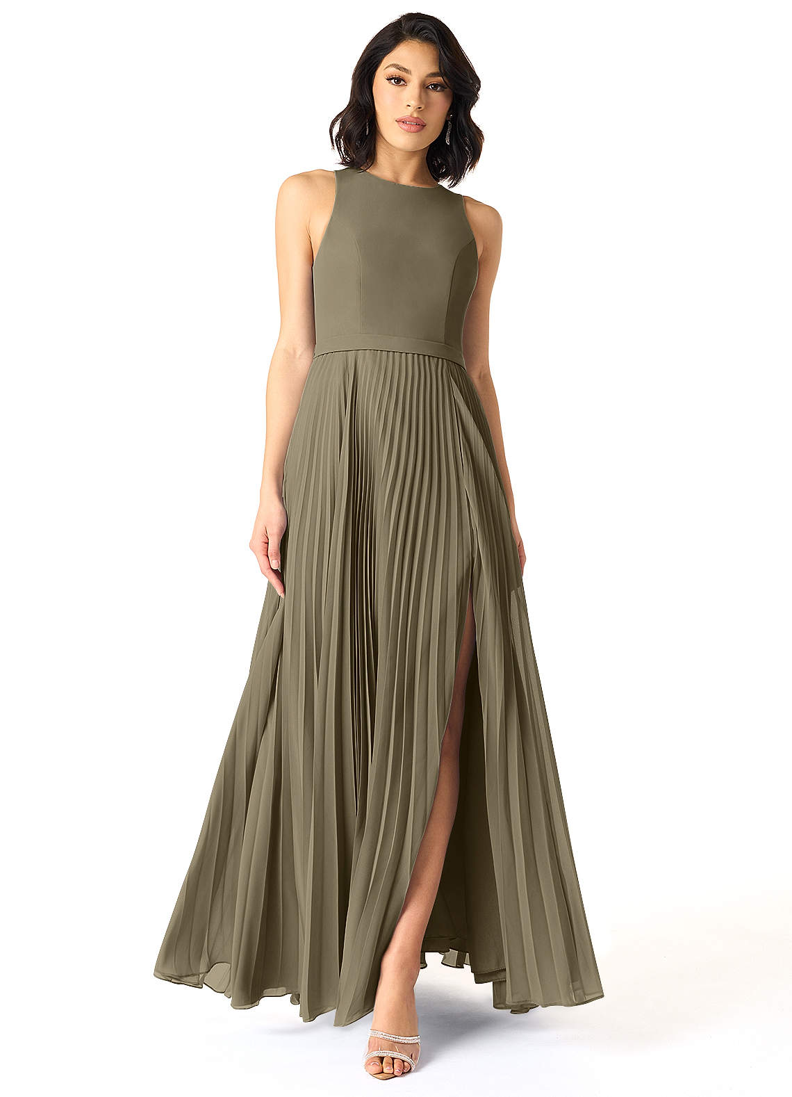Azazie Lindie Bridesmaid Dresses Willow Green A-Line Scoop Pleated Chiffon Dress image1