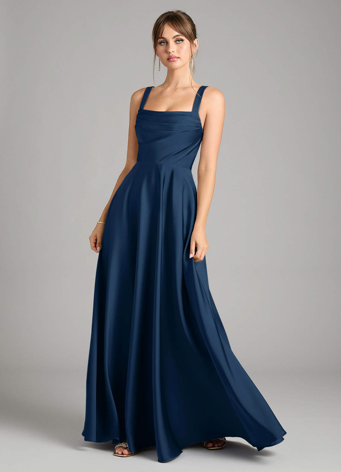 Azazie Shaude Bridesmaid Dresses Dark Navy A-Line Pleated Stretch Satin Dress image1