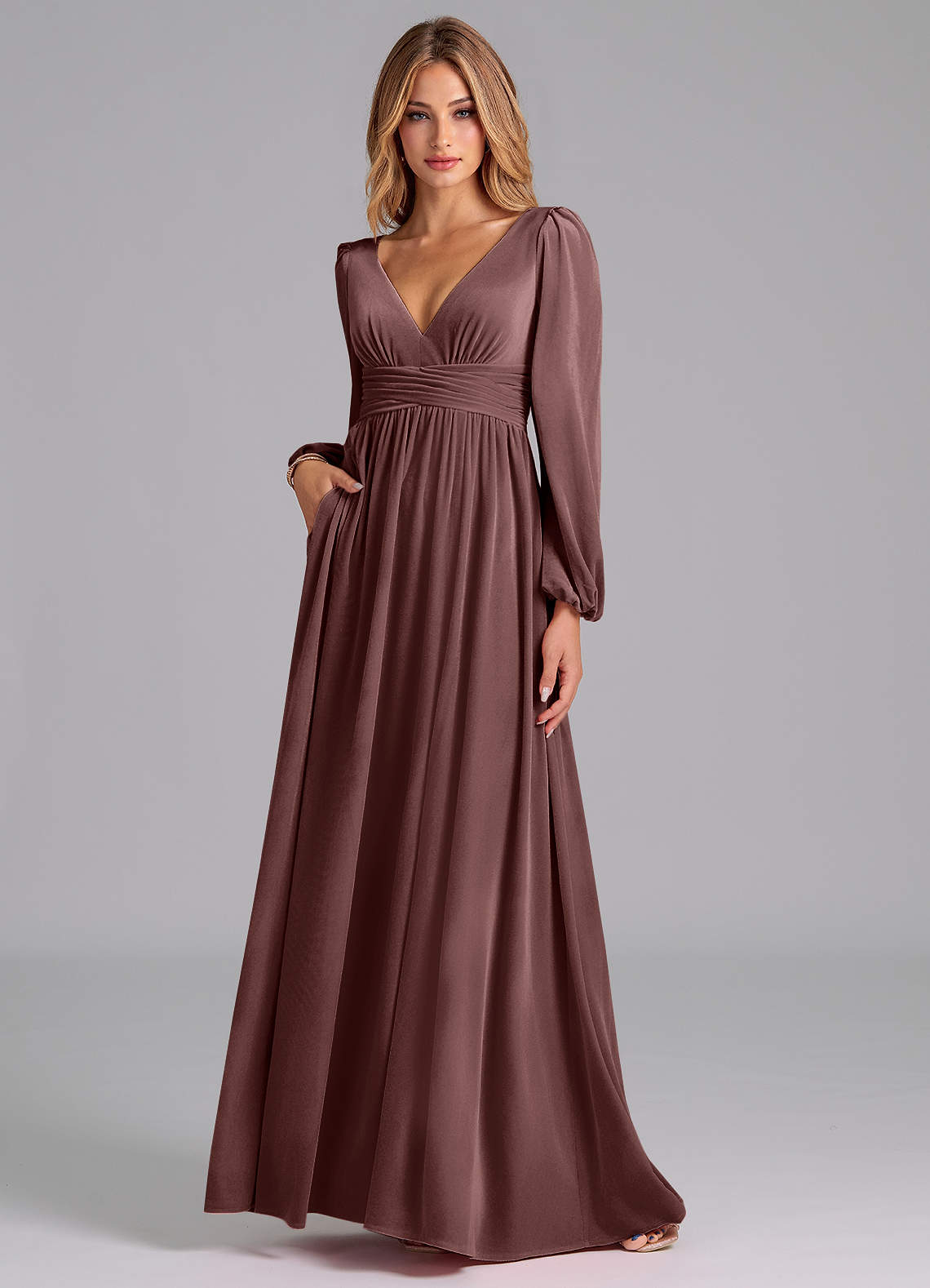 Azazie Norah Ready to Ship Espresso Velvet Bridesmaid Dresses