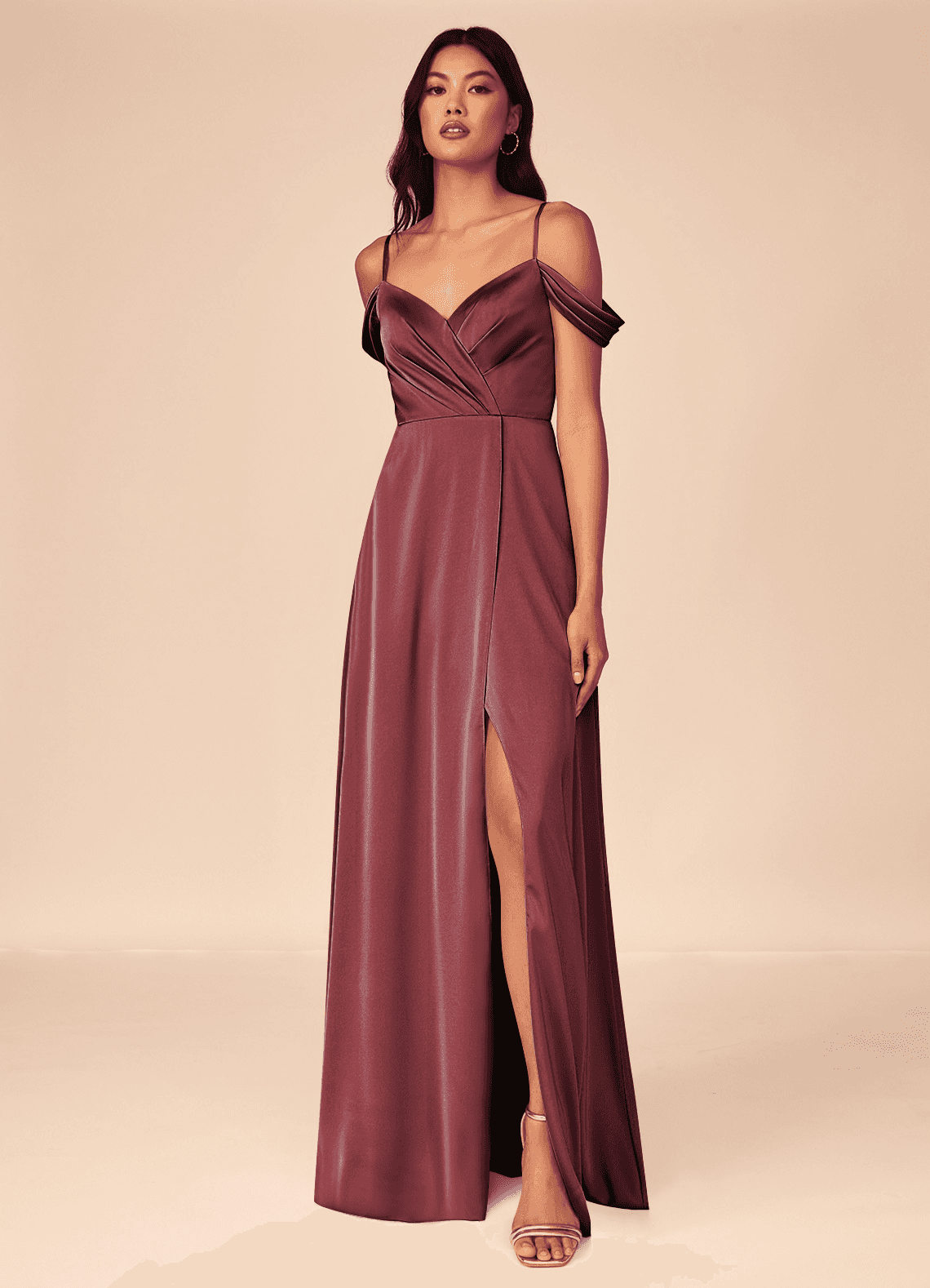 Azazie Ocean Bridesmaid Dresses Merlot A-Line V-Neck Pleated Stretch Satin Dress image1