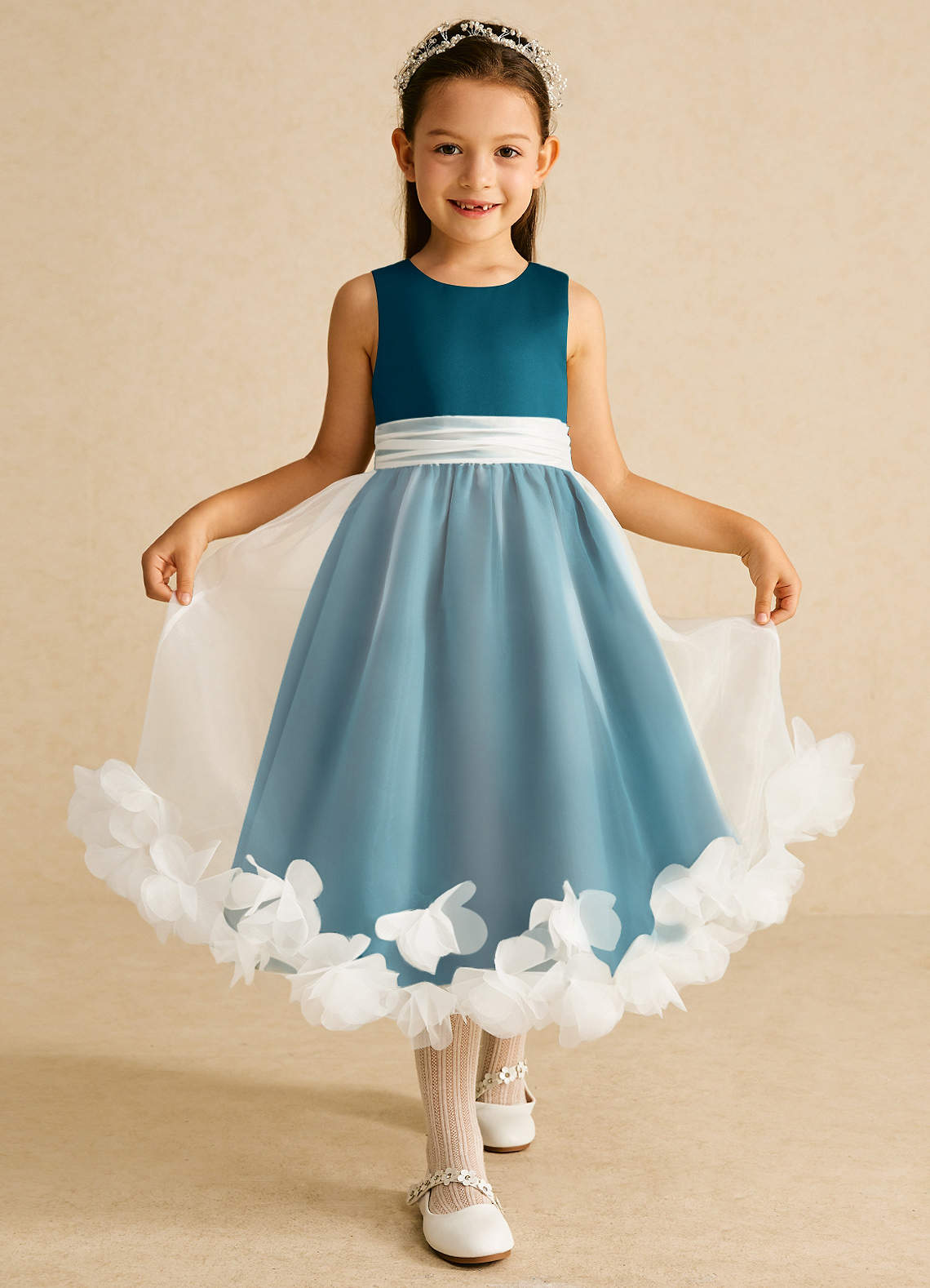Azazie Stardust Flower Girl Dresses Ink Blue A-Line Sleeveless Organza Dress image1