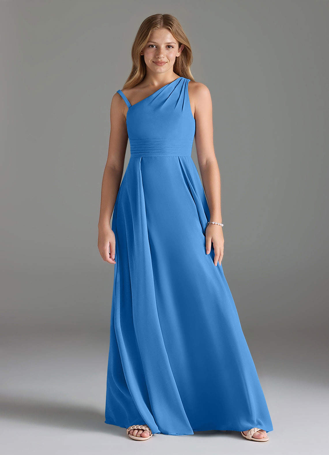 Azazie Dallas Junior A-Linie Plissee Chiffon Kleid Blauhäher image1