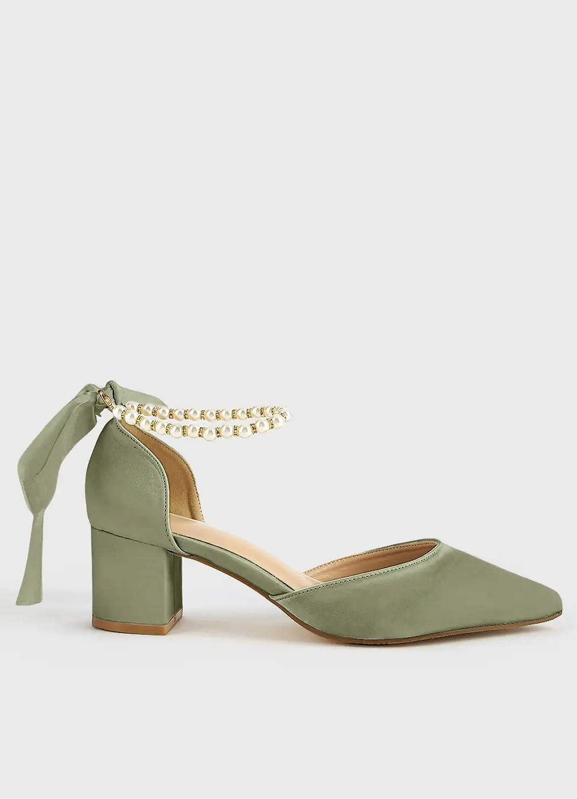 front Matching Color Matte Satin Pearl and Bow Pointed Toe Block Heels