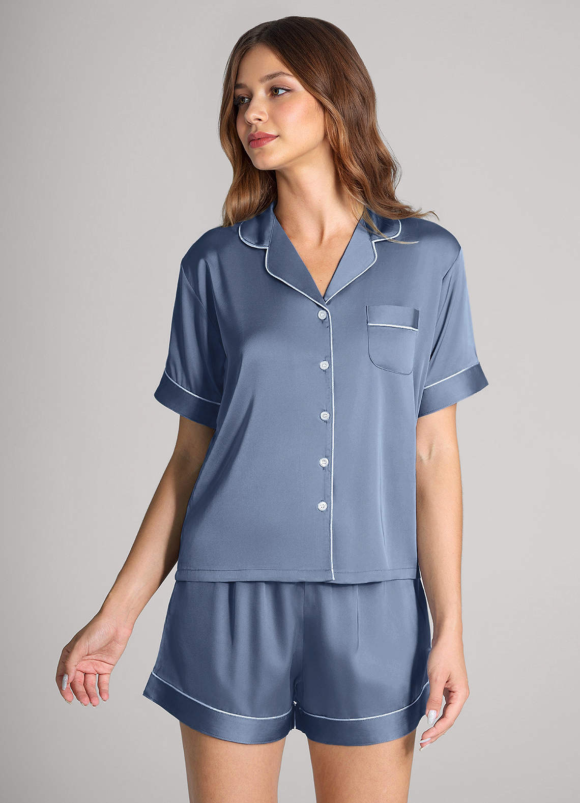 front Matching Color Satin Contrast Piping Pajama Set