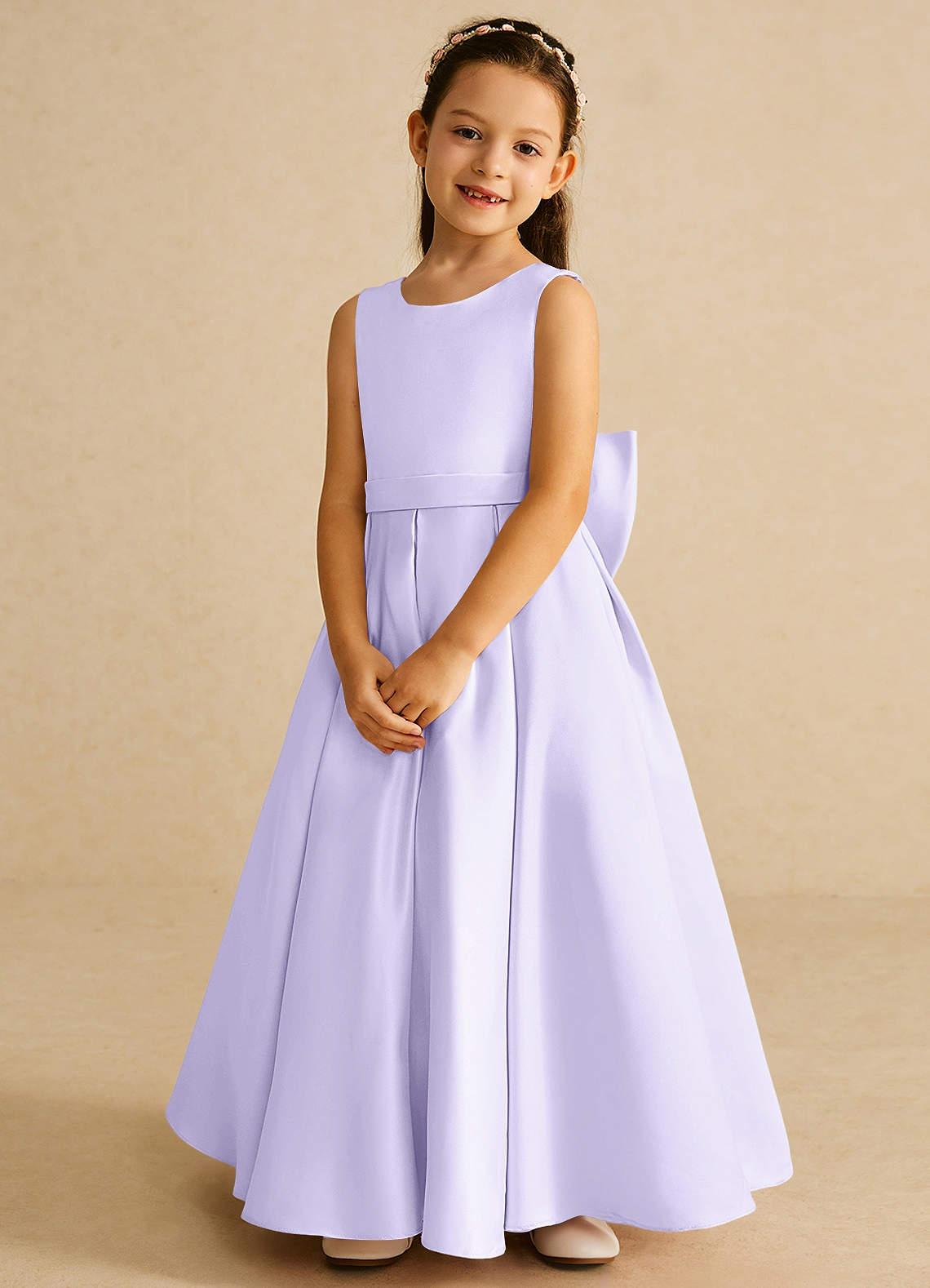 Azazie Pipsy Flower Girl Dresses Lilac A-Line Bow Matte Satin Dress image3