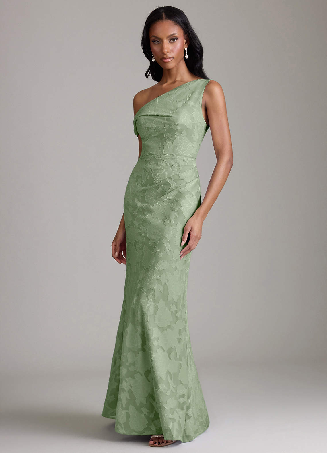 Azazie Emerson Bridesmaid Dresses Dusty Sage Mermaid Off the Shoulder Floral Burnout Dress image4
