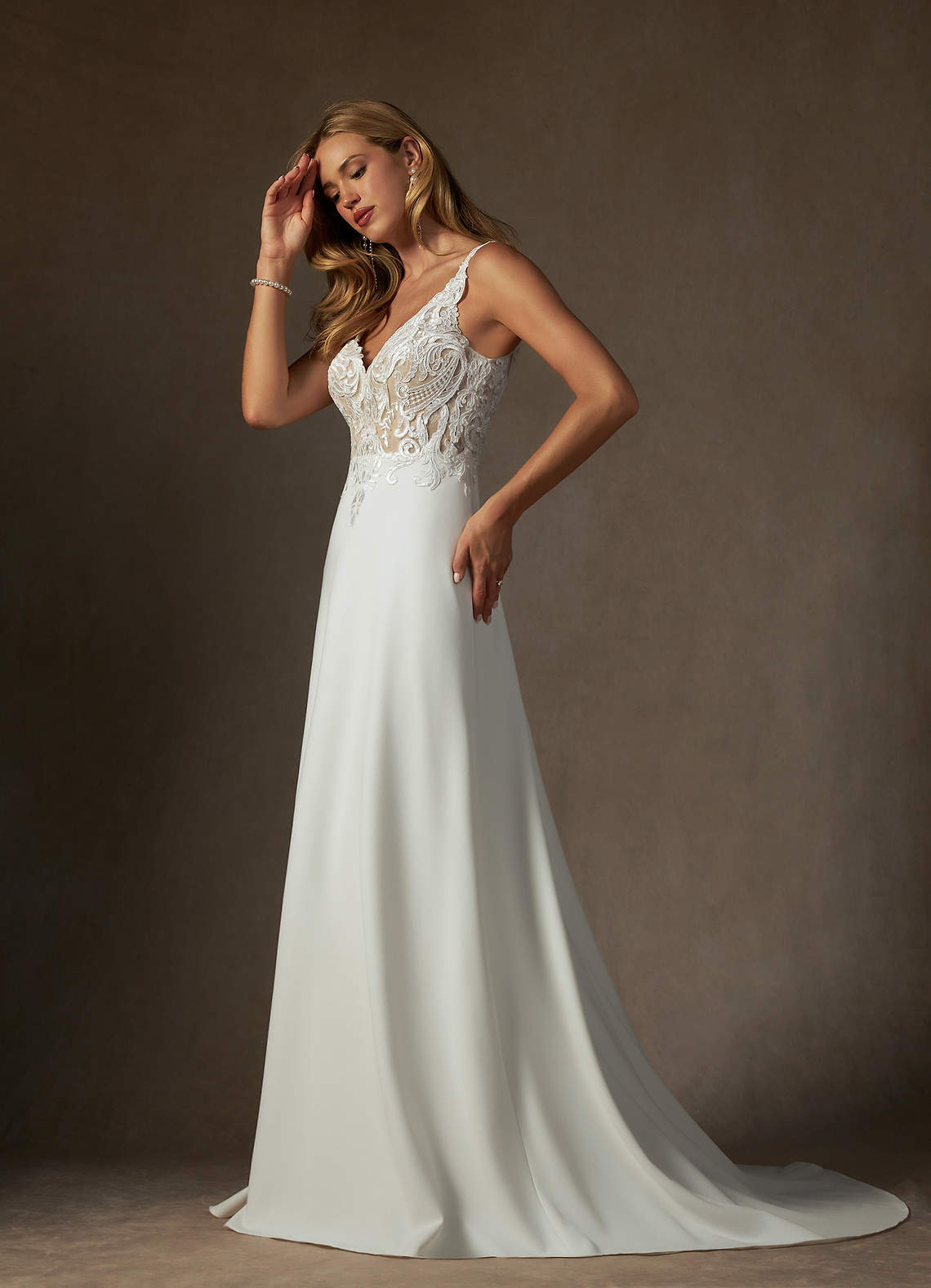 Azazie Clementina Diamond White Nude A-Line V-Neck Sequins Stretch