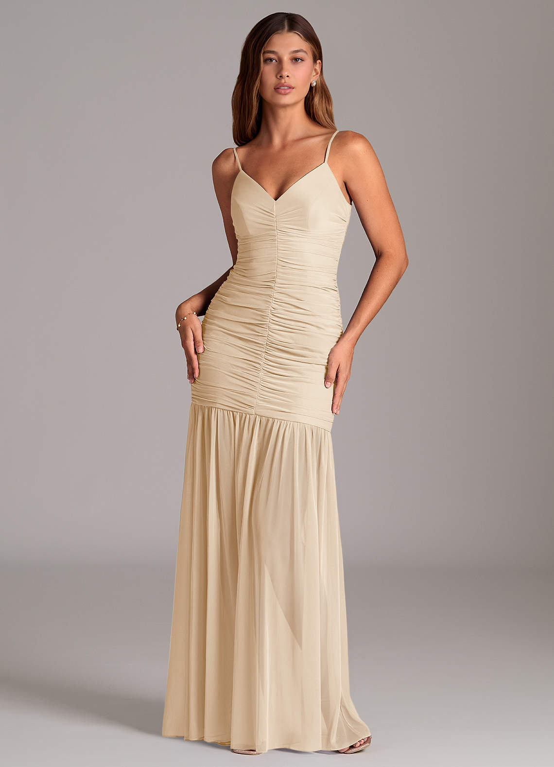 Azazie Aimie Bridesmaid Dresses Champagne Mermaid Mesh Dress image1