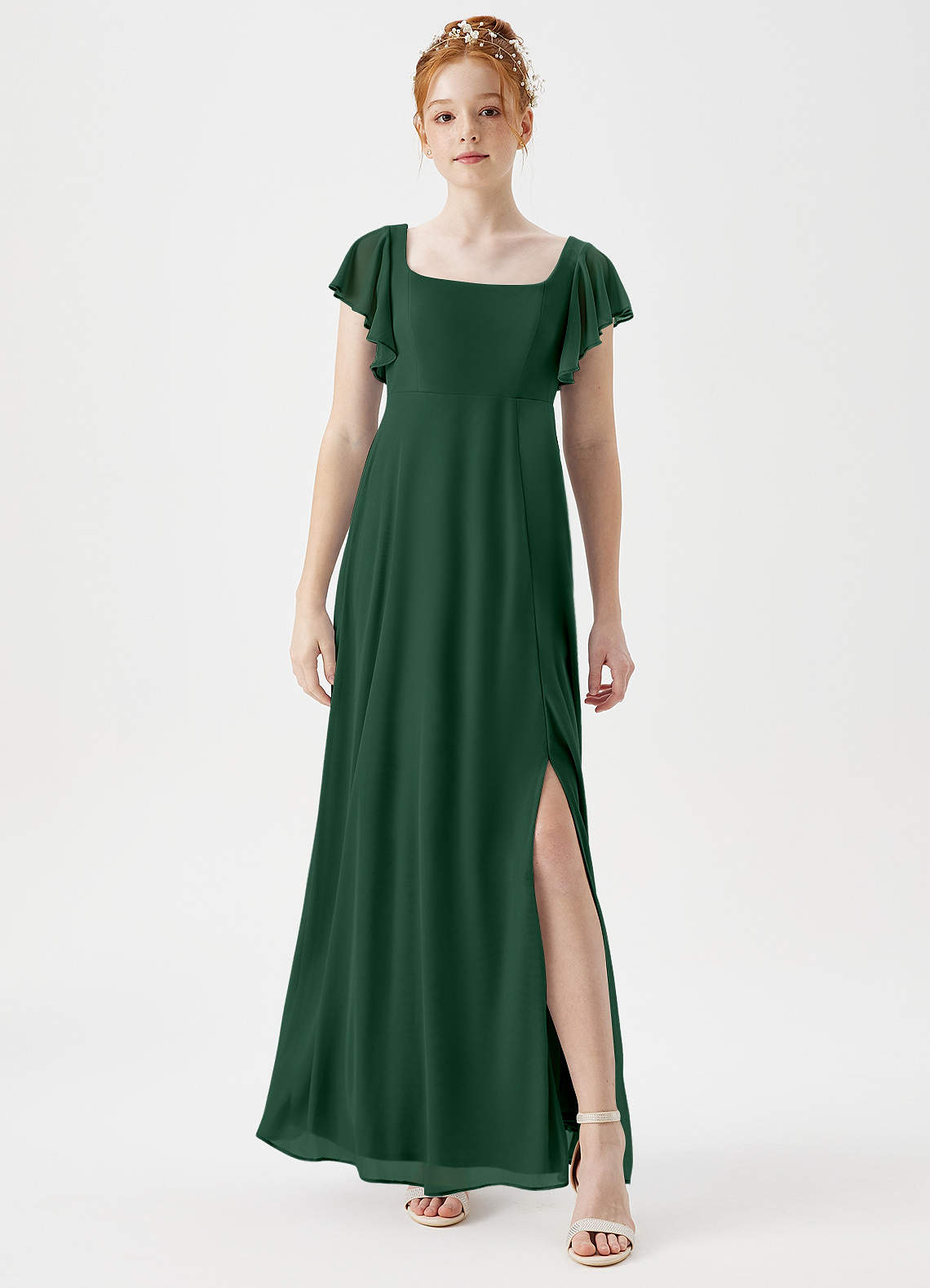 Azazie Bondi Junior Dusty Sage A-Line Side Slit Mesh Dress image1