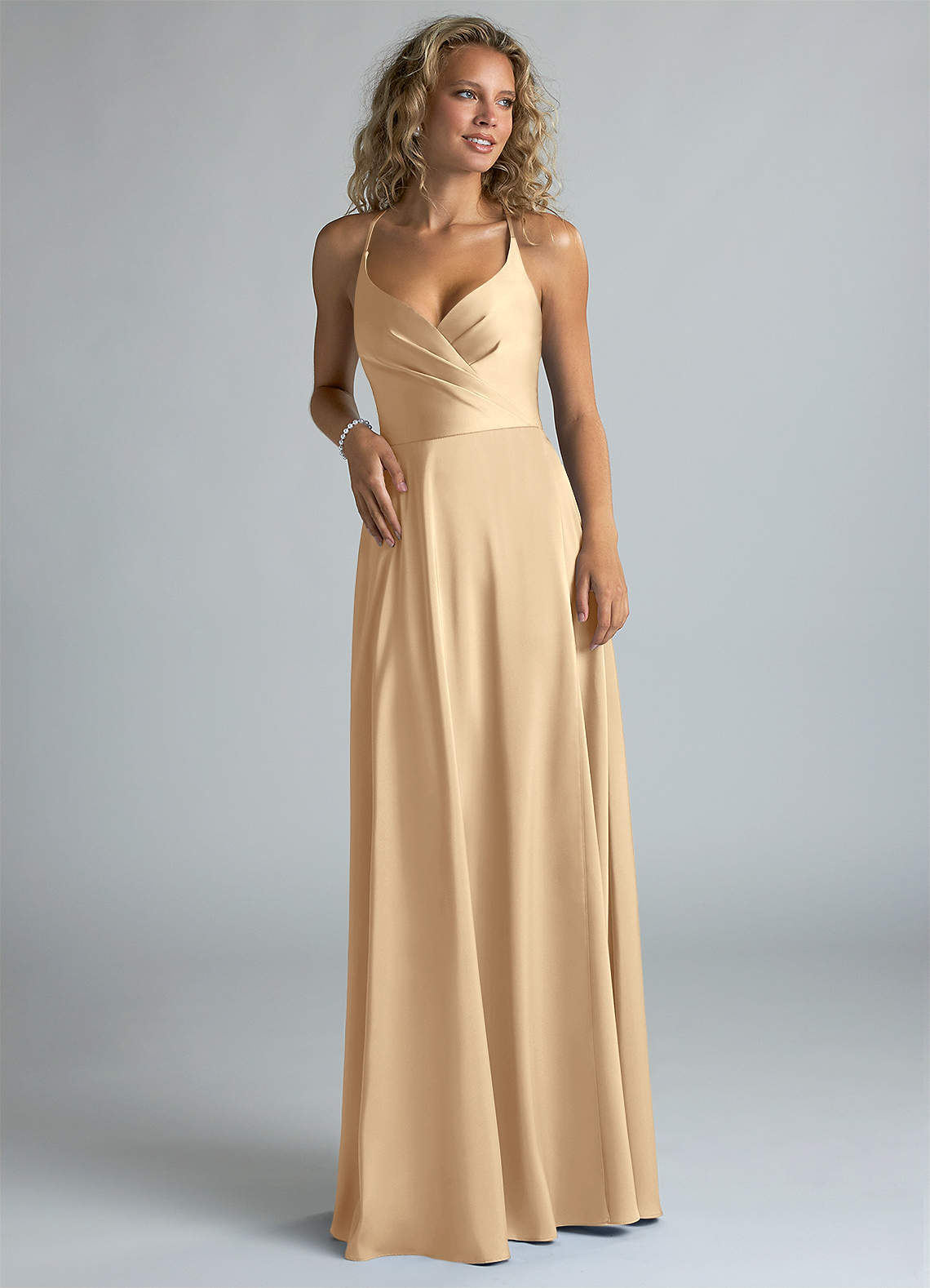 Azazie A-Line V-Neck Floor-Length Stretch Satin Bridesmaid Dresses - Champagne