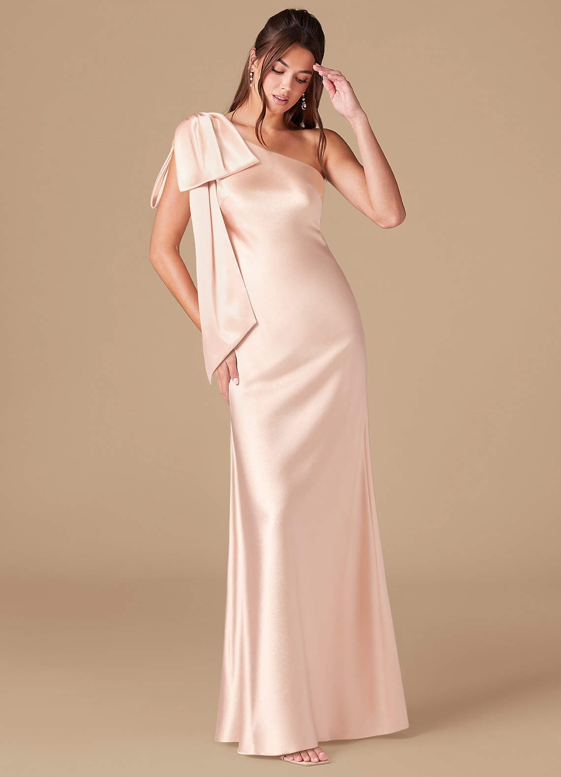 Azazie Capri Bridesmaid Dresses Rose Gold Sheath One Shoulder Metallic Satin Dress image1