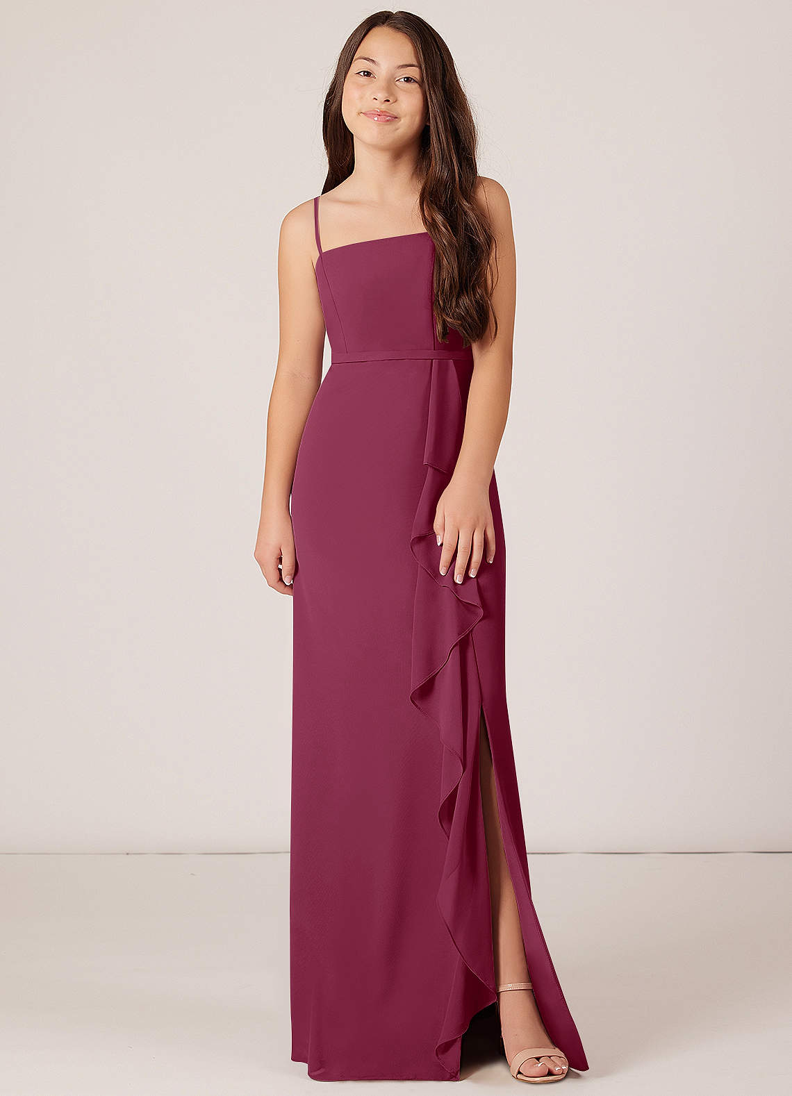 Azazie Kaylee Junior Mulberry A-Line with Belt Chiffon Dress image1