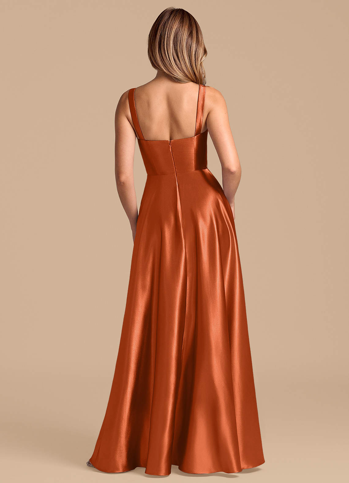 Azazie Shaude Vestidos de damas de honor Vestido de Naranja Quemada de Satén Metálico de Corte en A con Plisado image5