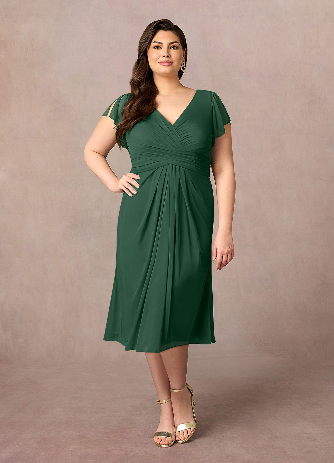 Azazie Vera Mother of the Bride Dresses Dark Green A-Line V-Neck Pleated Mesh Dress image1