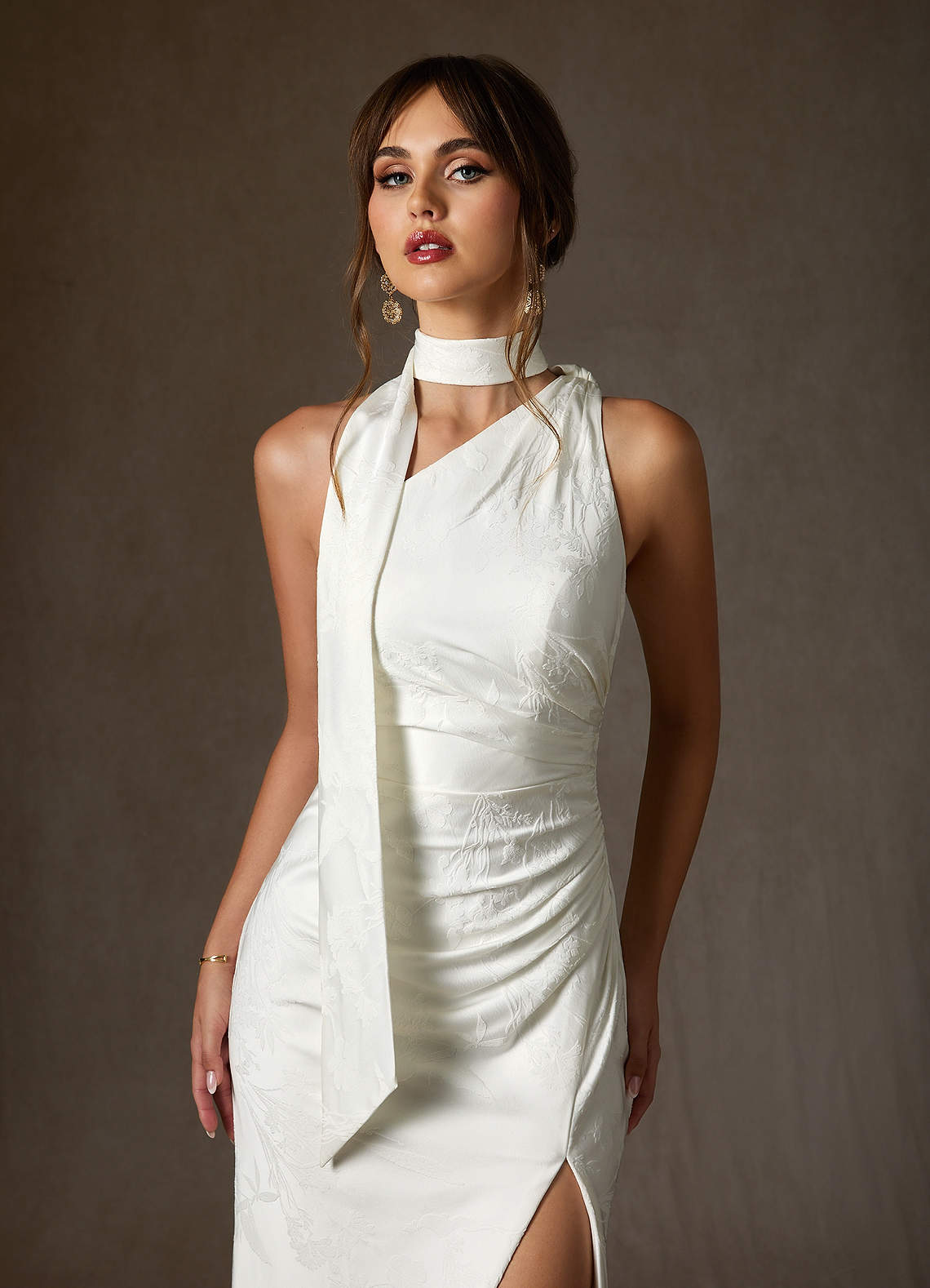 Azazie Misty Diamond White Sheath One Shoulder Floral Jacquard