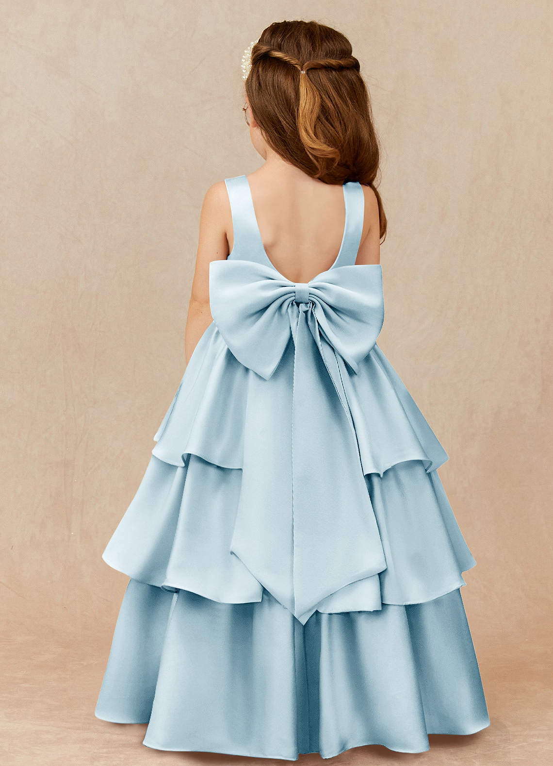 Azazie Margie Flower Girl Dresses Sky Blue A-Line Bow Stretch Satin Dress image1