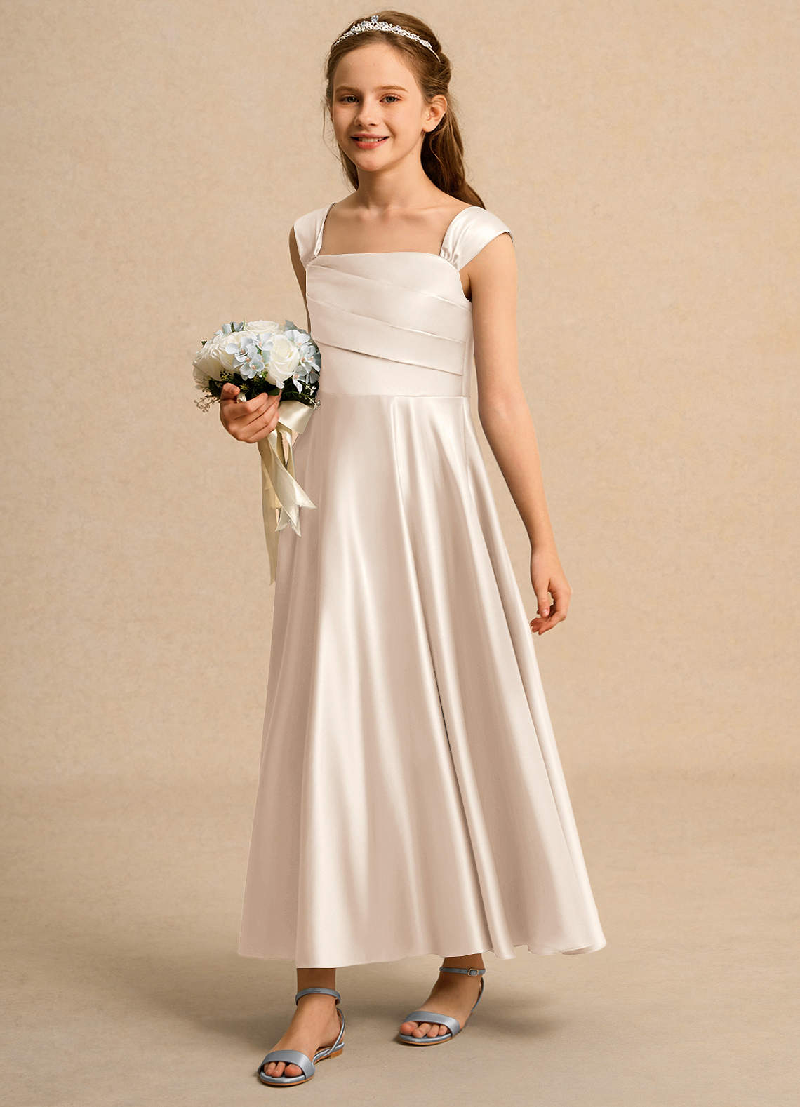 Azazie Bundle Junior Formal Flower Girl Dresses White Alabaster A-Line Pleated Matte Satin Dress image4