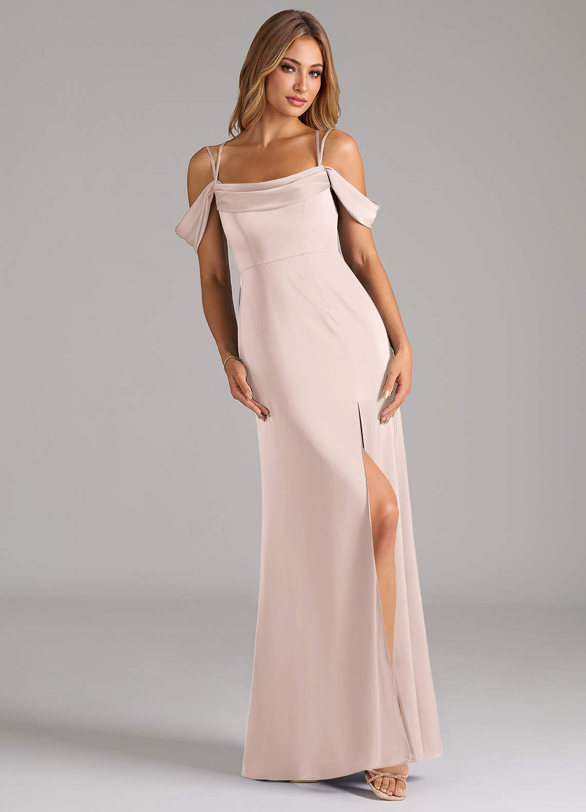Azazie Callan Bridesmaid Dresses Blushing Pink A-Line Pleated Stretch Satin Convertible Dress image1