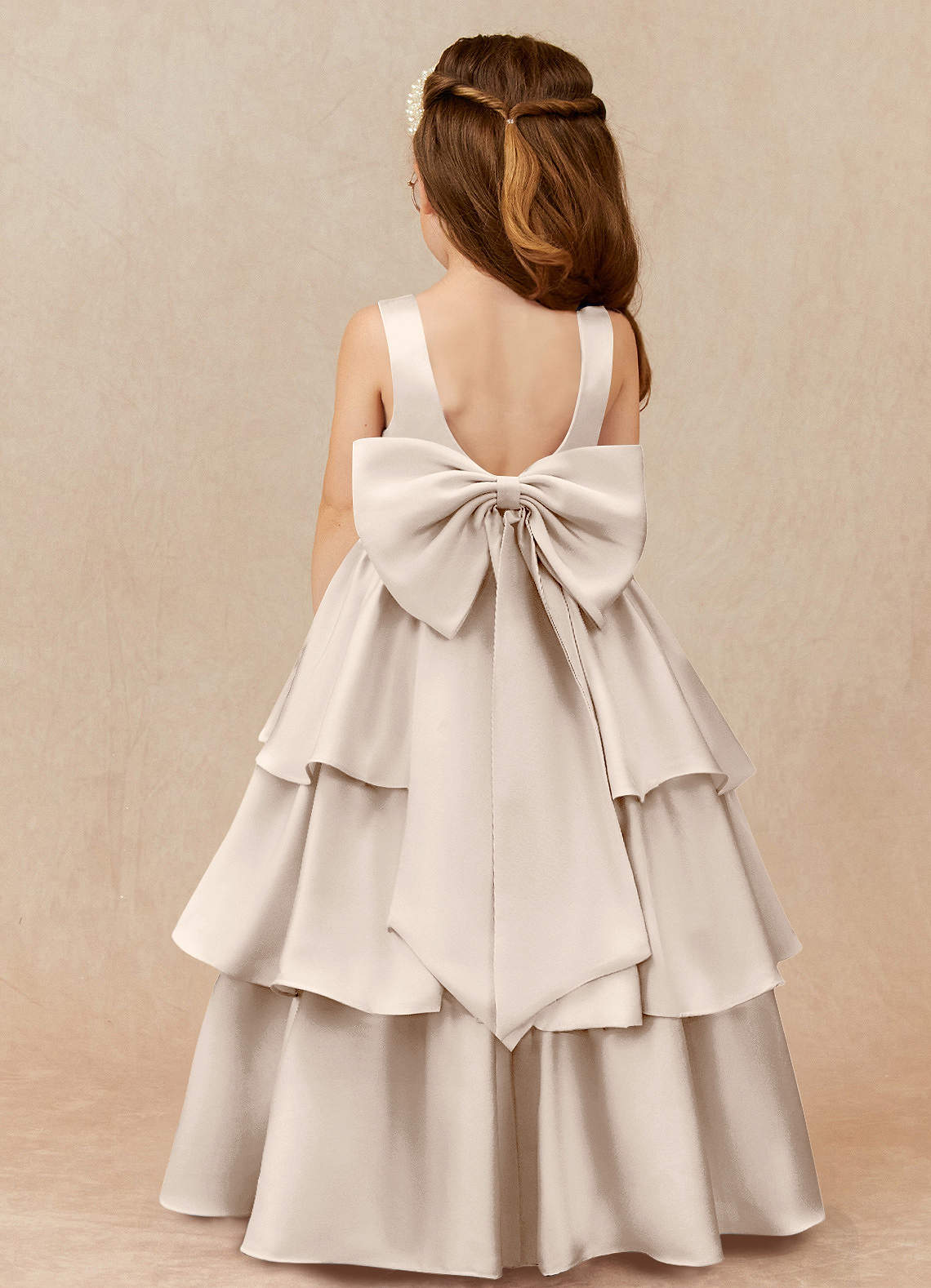 Azazie Margie Flower Girl Dresses White Alabaster A-Line Bow Stretch Satin Dress image1