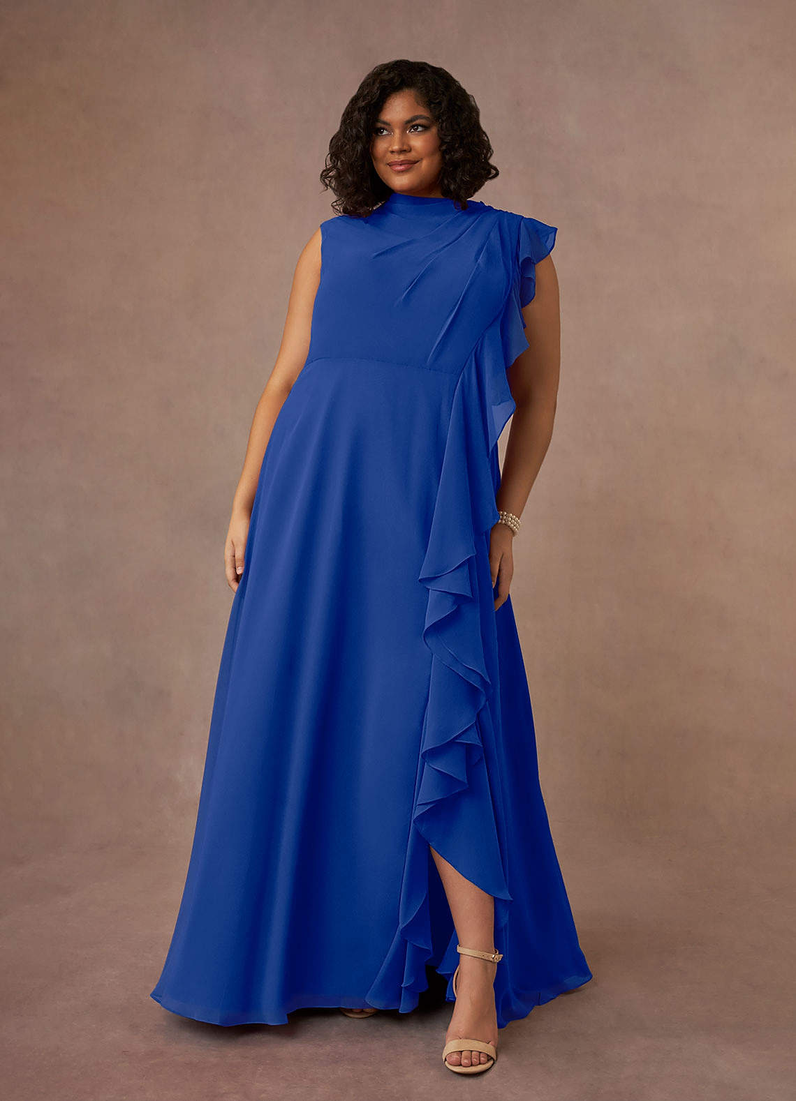 Azazie Narine Mère de la mariée Robes Robe Trapèze en Mousseline de soie Encolure haute plissée Bleu Roi image1
