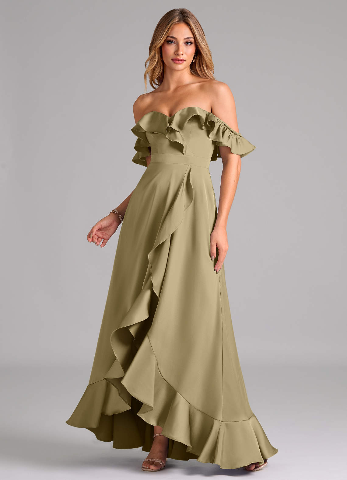 Azazie Lyra Vestidos de damas de honor Vestido de Musgo Verde de Satén Elástico de Corte en A Convertible con Vestidos sin tirantes image1
