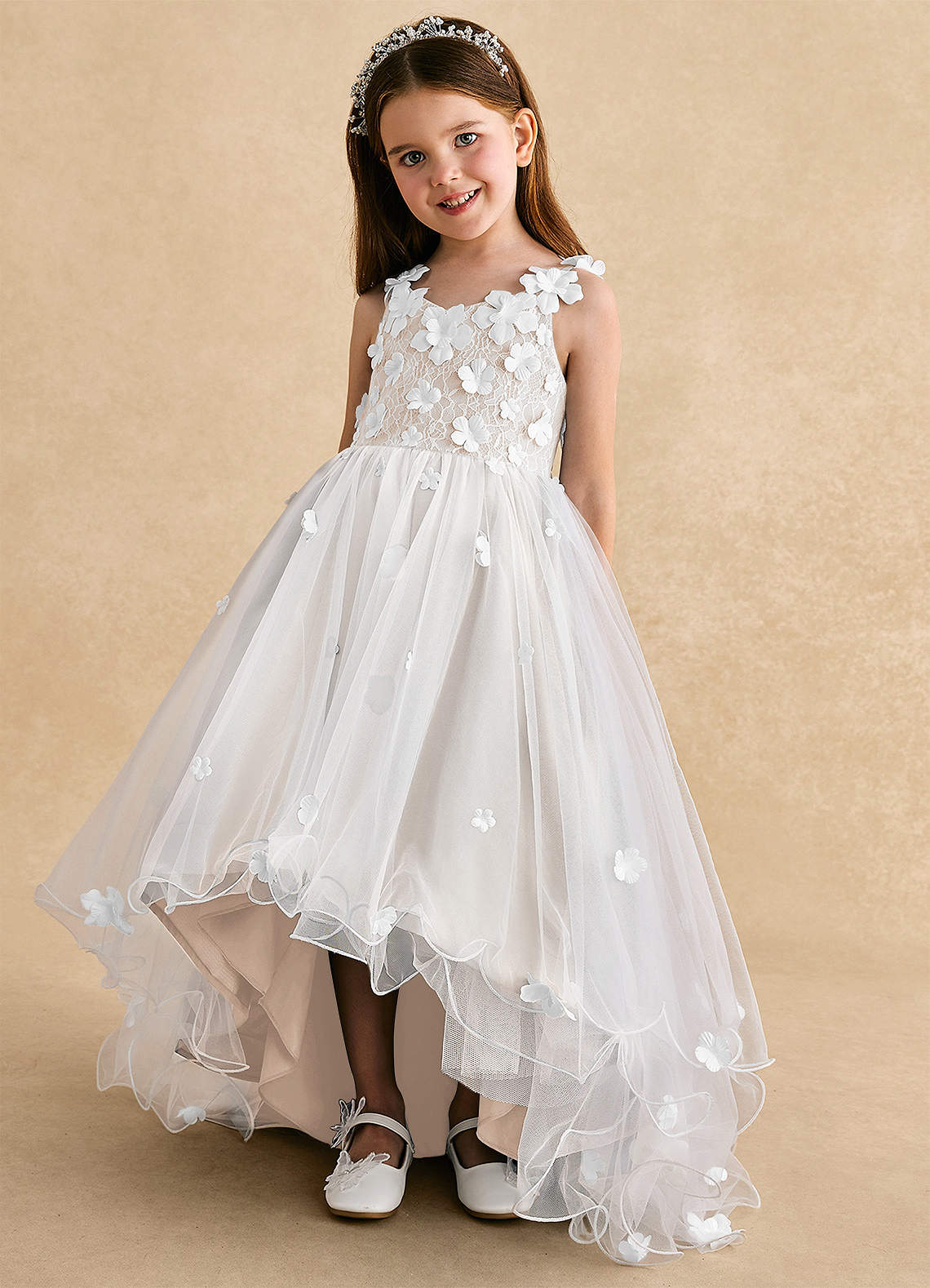 Azazie Celia Vestidos de florista Vestido Alabastro Branco de Tule de Linha A com Renda image5