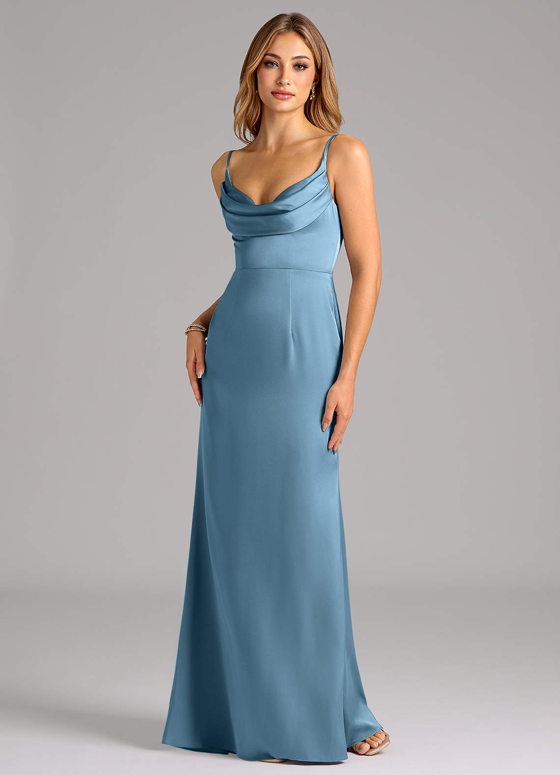 Azazie Aimee Brautjungfernkleider A-Linie Herzausschnitt Stretch-Satin Kleid Stahlblau image1