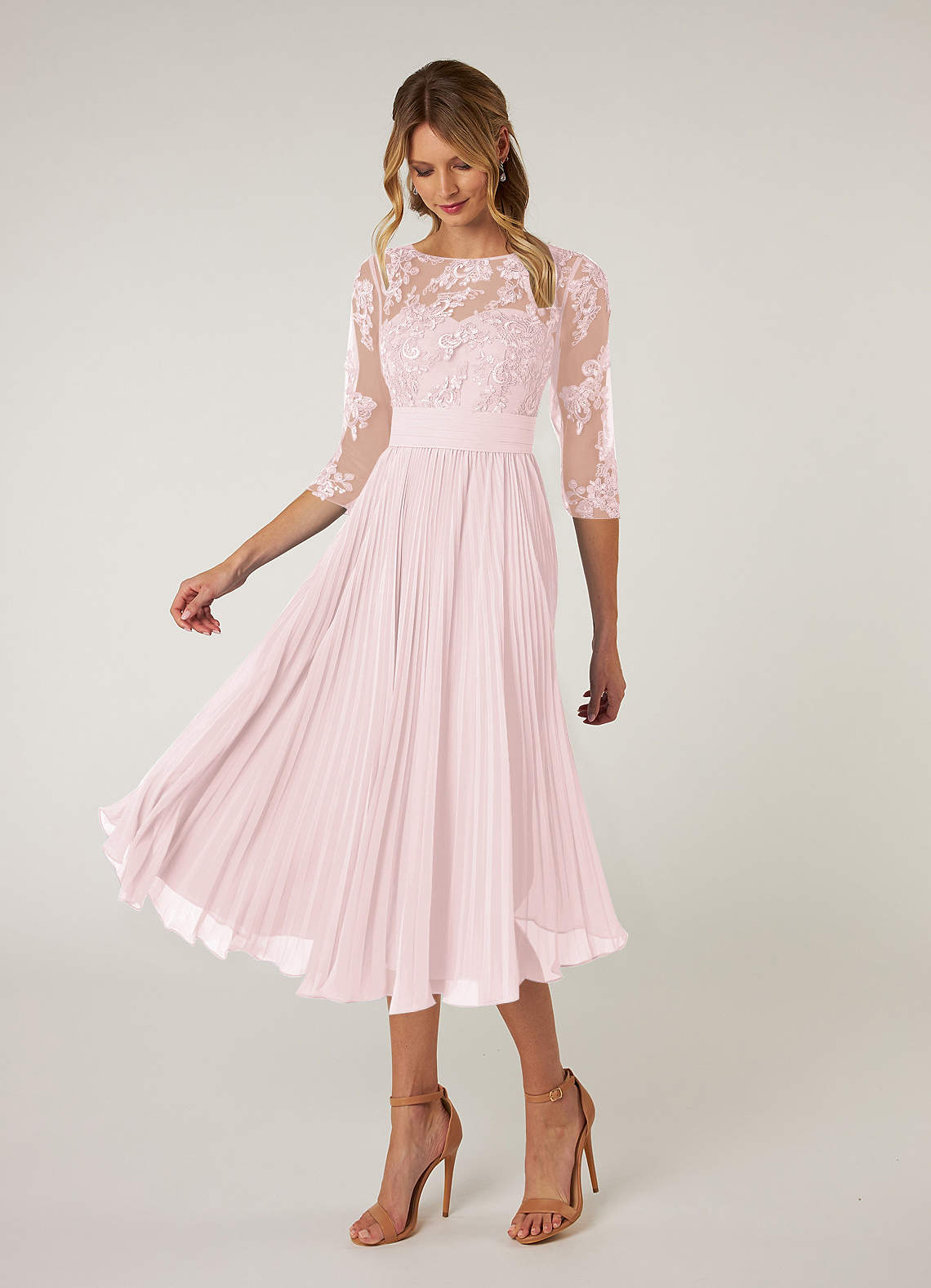 Azazie Tutu Mother of the Bride Dresses Blushing Pink A-Line Boatneck Lace Chiffon Dress image2