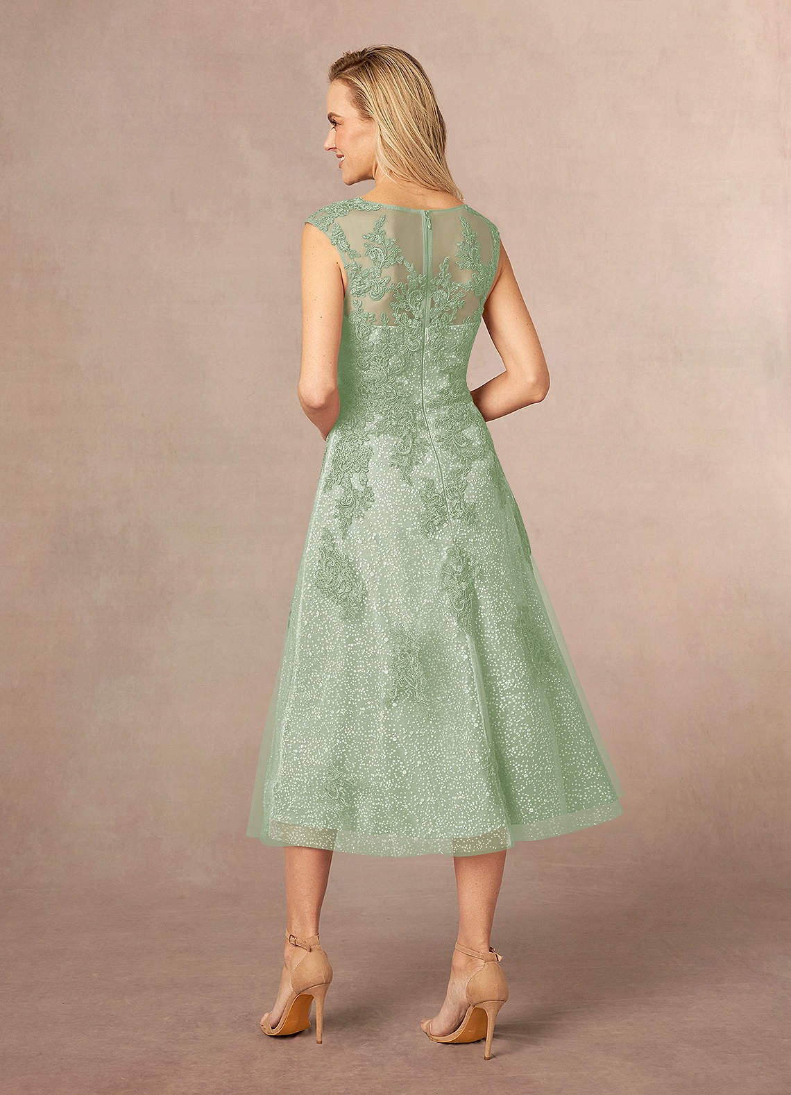 Azazie Flynn Mother of the Bride Dresses Dusty Sage A-Line Boatneck Lace Tulle Dress image2