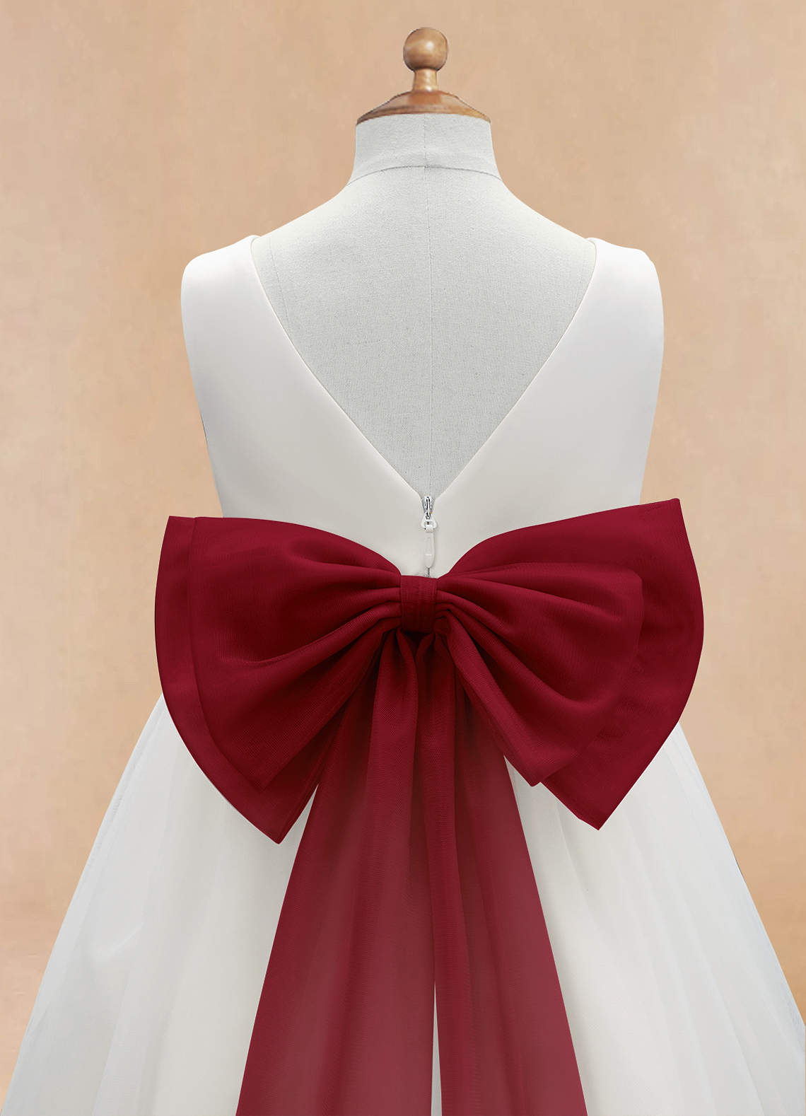 Azazie Kavi Flower Girl Dresses Ivory Burgundy A-Line Bow Matte Satin Dress image9