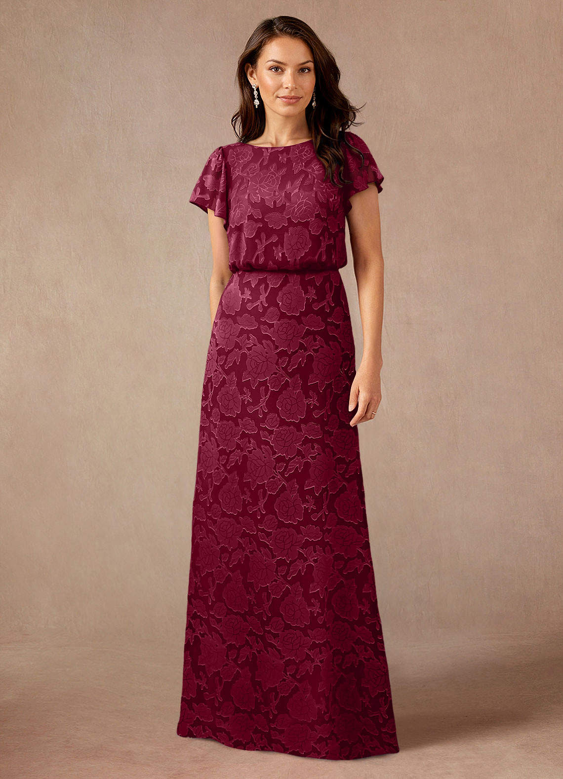 Azazie Lehi vestidos de madre de la novia Vestido de Borgoña de Devorado Floral de Corte En A con Cuello de barco image1
