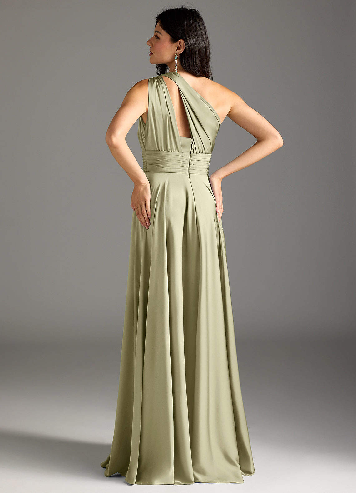 Azazie Charlize Bridesmaid Dresses Pistachio A-Line One Shoulder Stretch Satin Dress image5