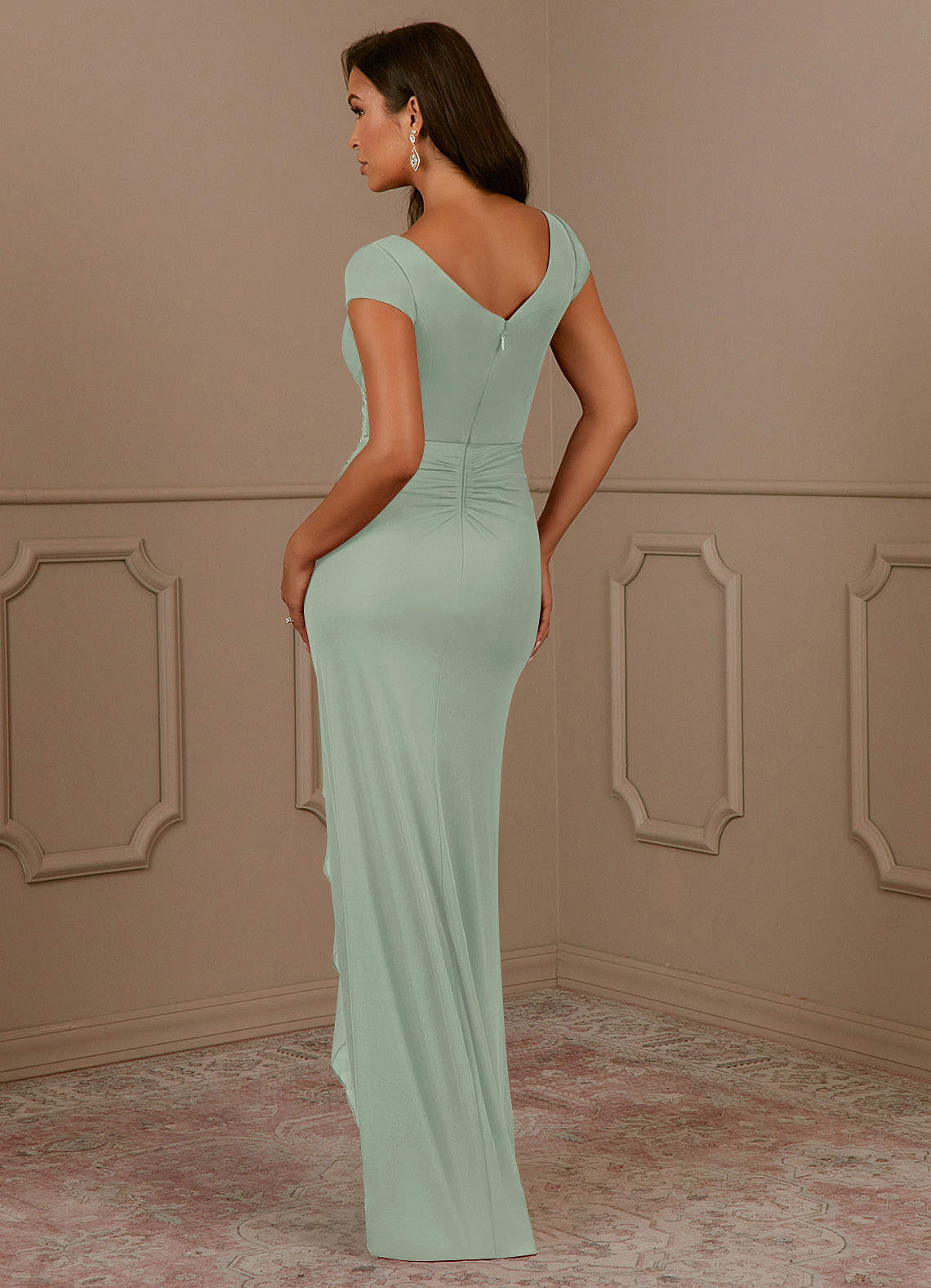 Azazie Roya Mother of the Bride Dresses Dusty Sage Mermaid V-Neck Pleated Mesh Dress image2