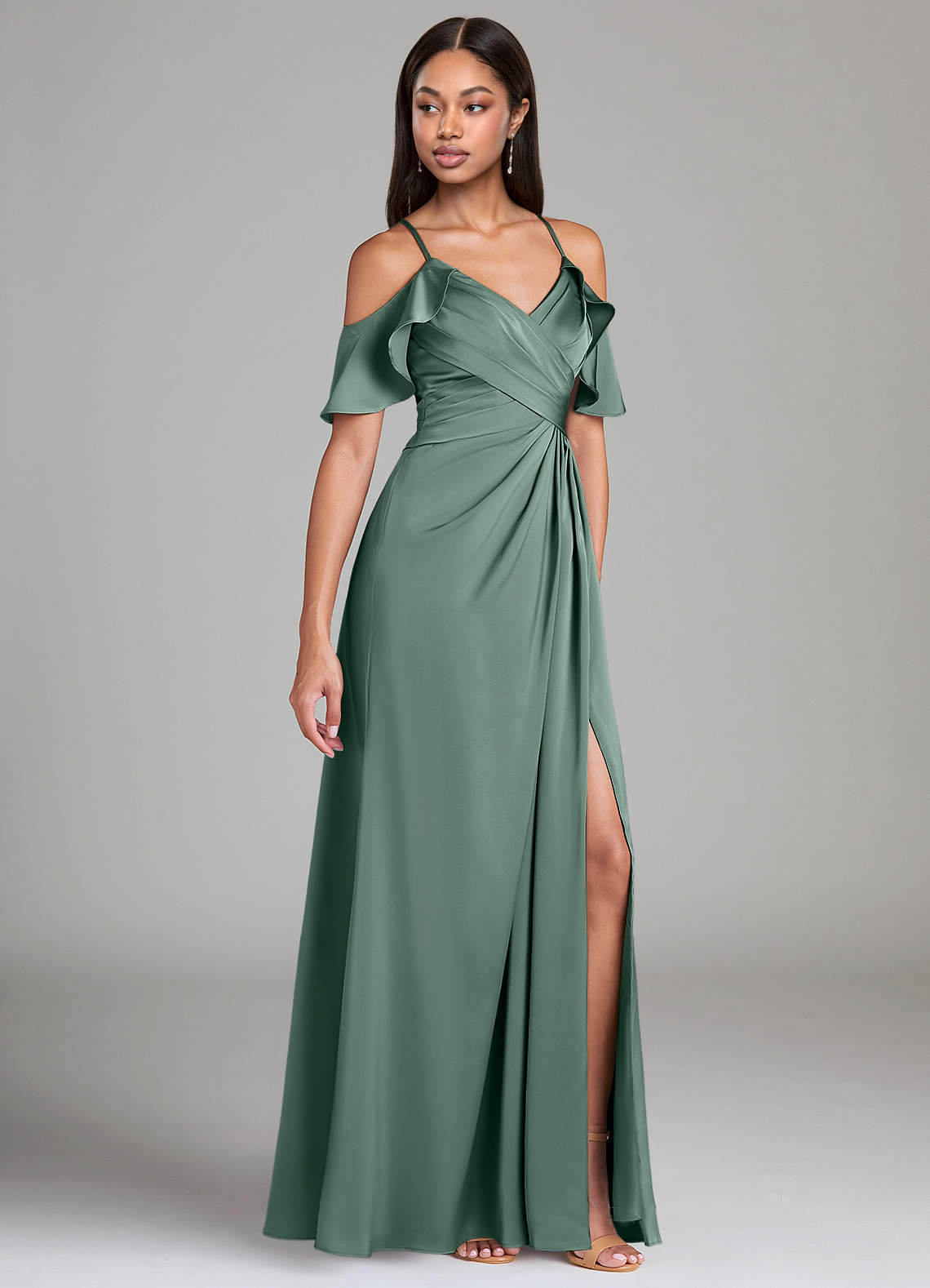 Azazie Dakota Bridesmaid Dresses Eucalyptus A-Line Off the Shoulder Stretch Satin Dress image1