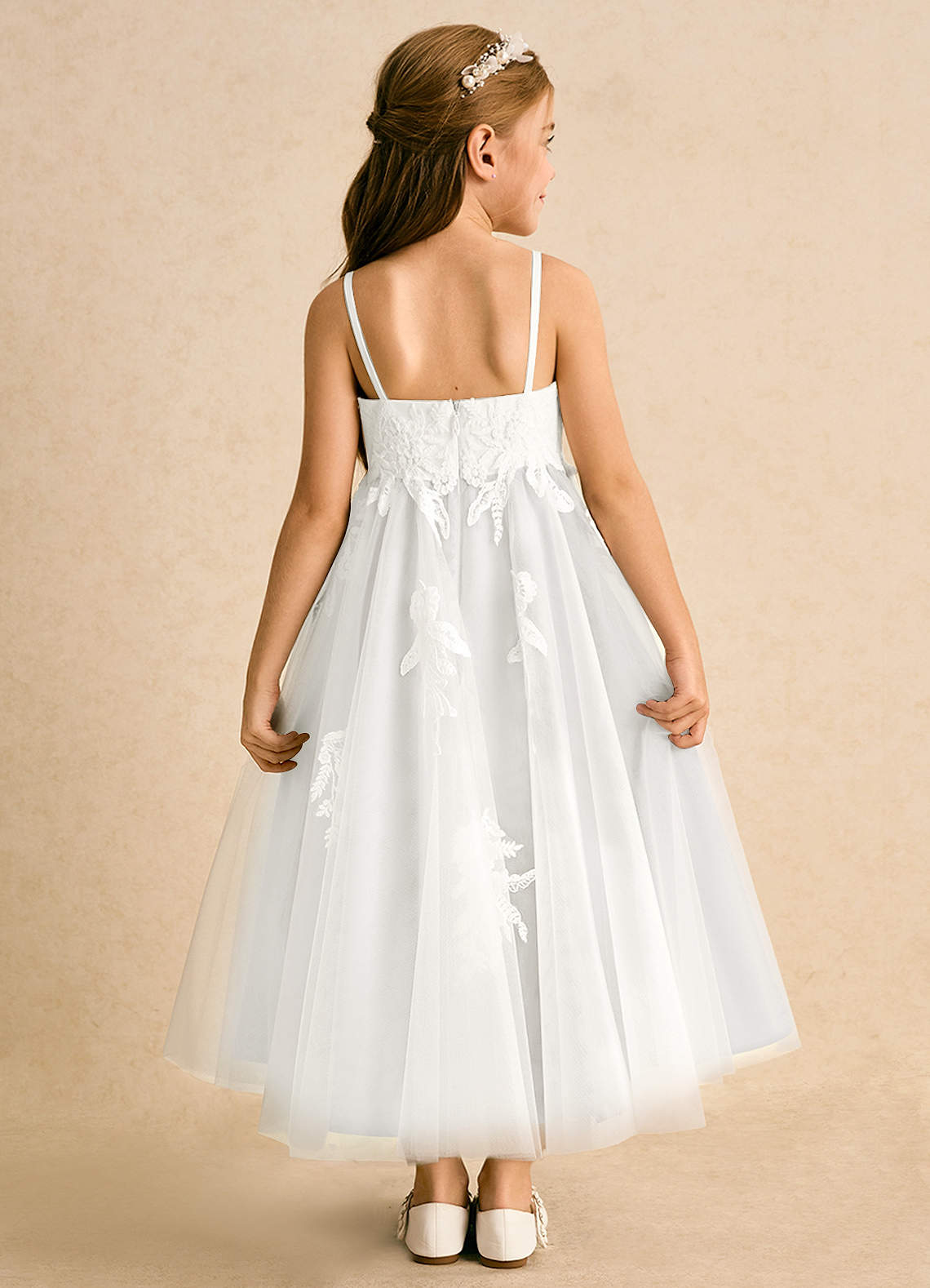 Azazie Coraline Flower Girl Dresses Ivory A-Line Lace Dress image1