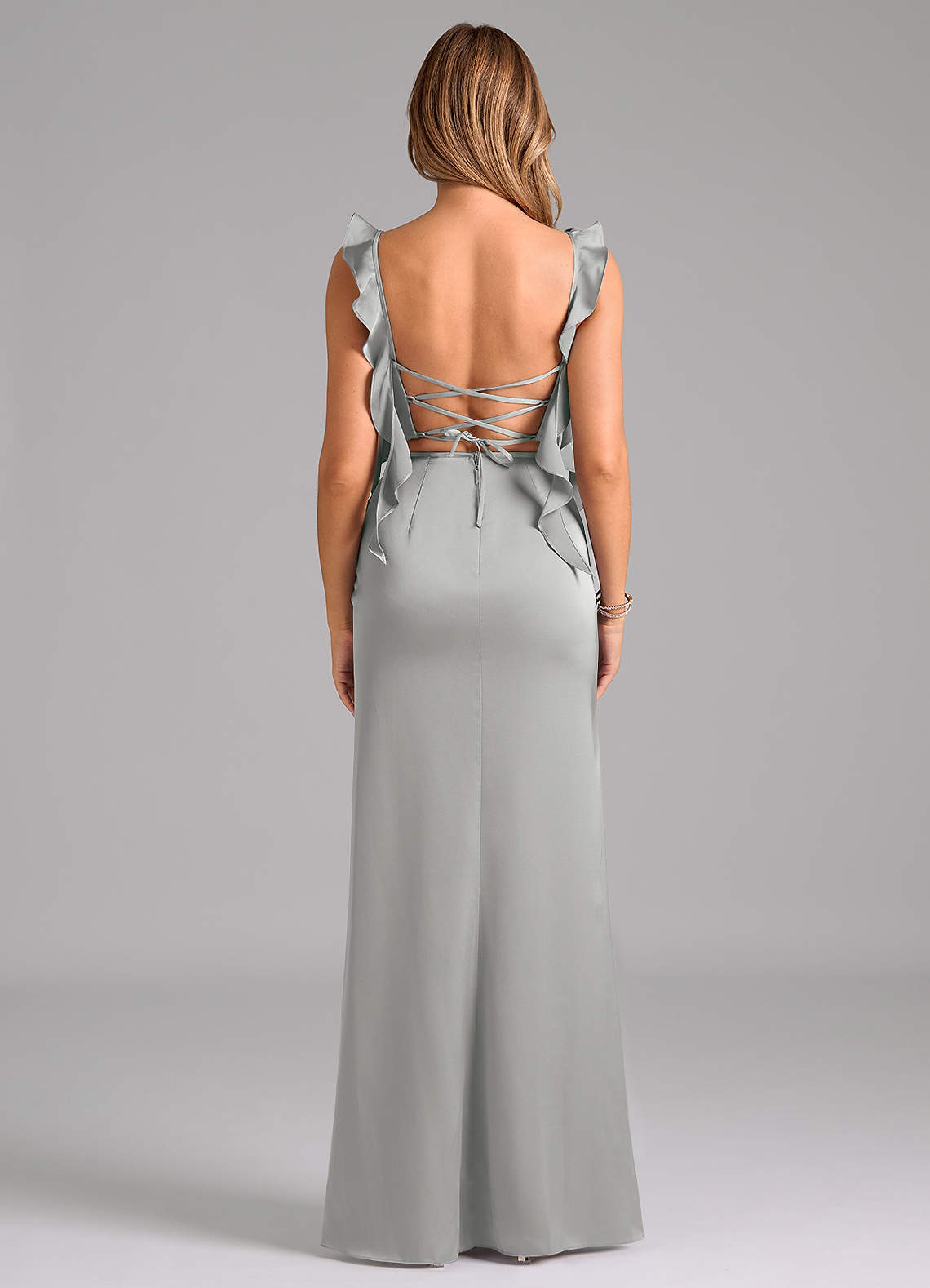 Azazie Jessamine Bridesmaid Dresses Silver Sheath Corset Stretch Satin Dress image5