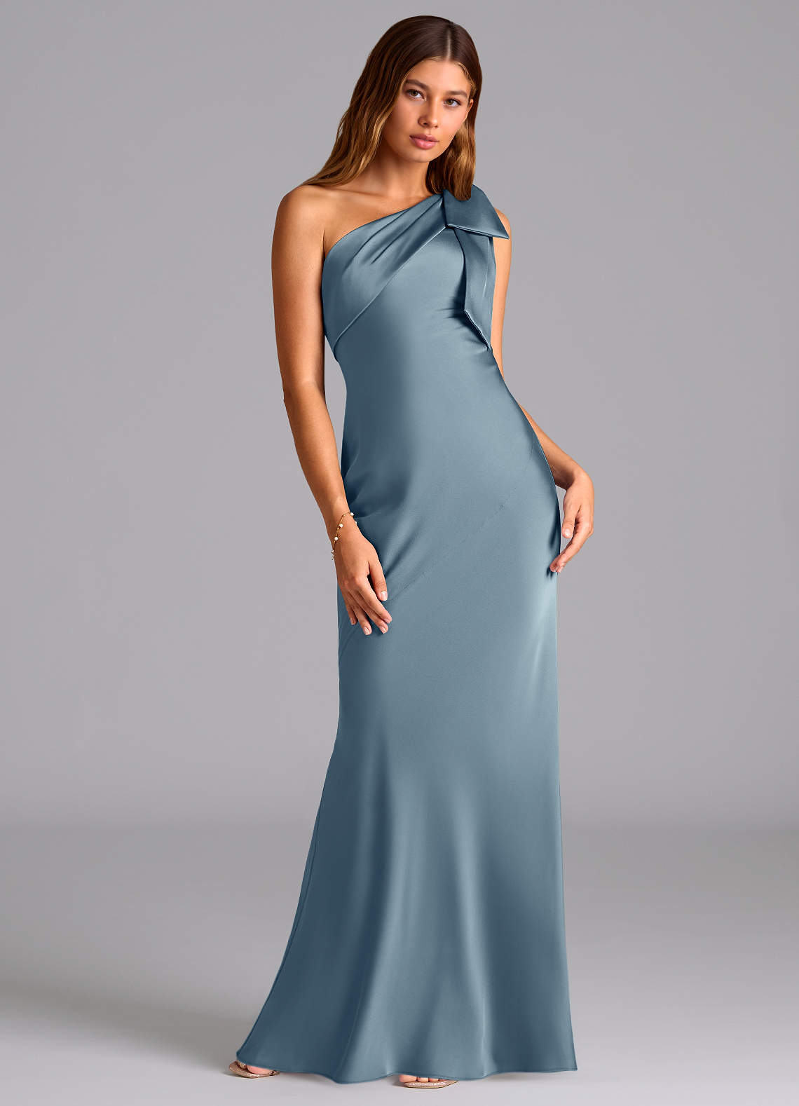 Azazie Yuanna Bridesmaid Dresses Dusty Blue Mermaid One Shoulder Stretch Satin Dress image2