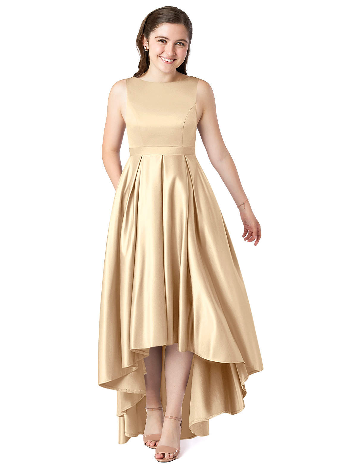 Azazie Inaya Junior Robe Trapèze en Satin extensible avec ceinture Champagne image1