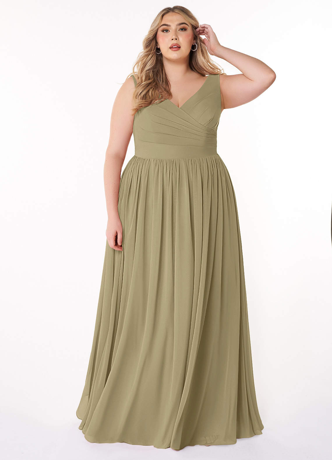 Azazie Keyla Vestidos de damas de honor Vestido de Musgo Verde de Gasa de Corte en A con Cuello en V Plisado image1