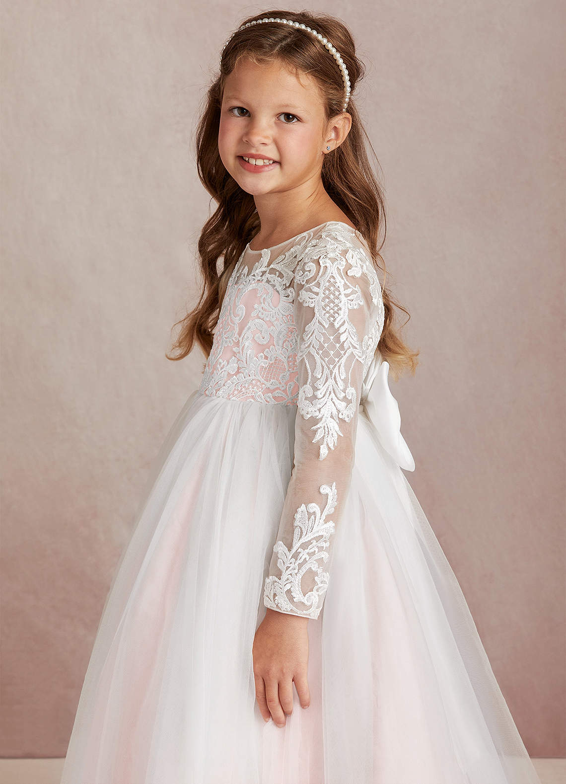 Azazie Elodie Robe Demoiselle D'honneur Fillette Robe Princesse en Dentelle Ivoire Rose Rougissant image5