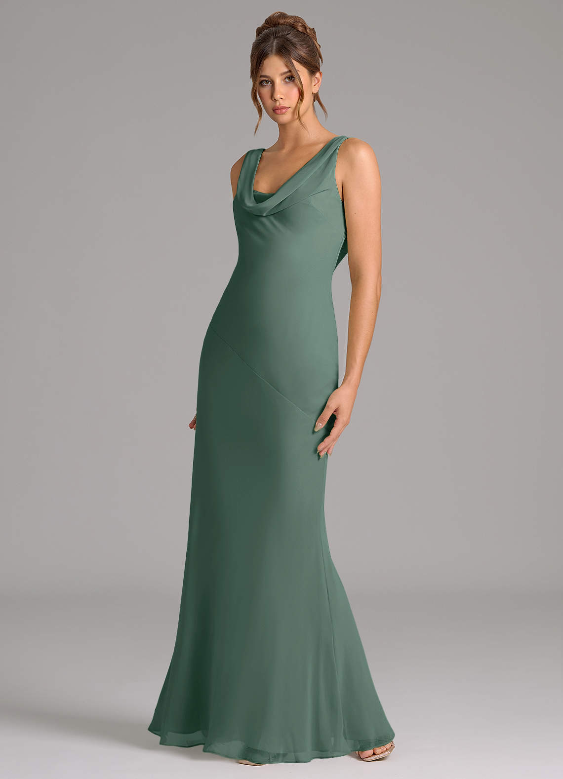 Azazie Rylina At-home Try On Dresses Dusty Blue Mermaid Pleated Chiffon Dress image4