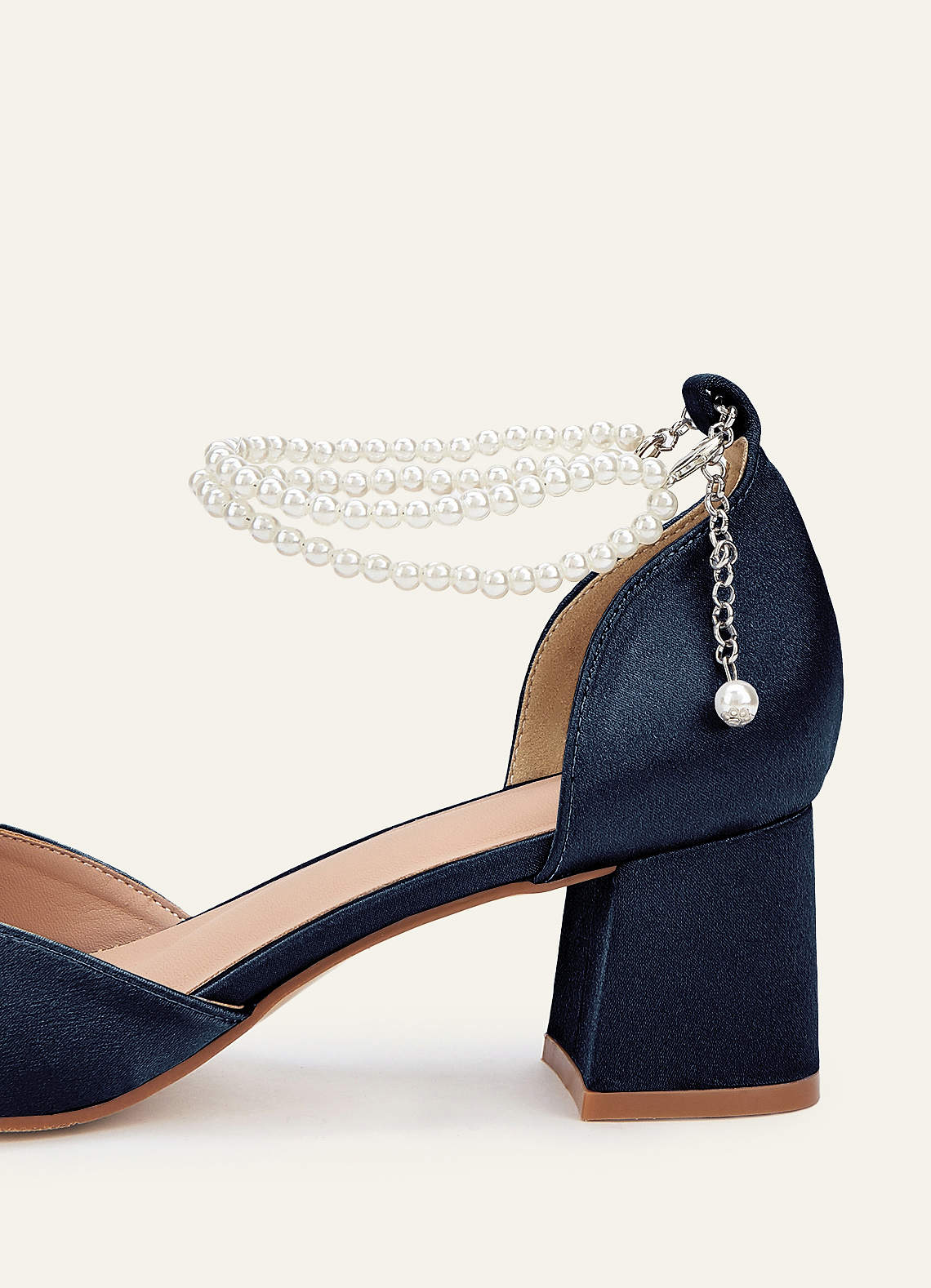 front Matching Color Metallic Satin Pearl Strap Pointed Toe Block Heels