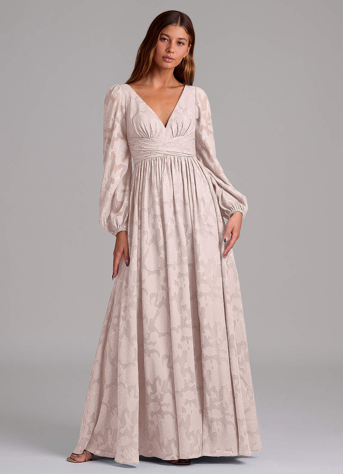 Azazie Norah Vestidos de damas de honor Vestido de Rosa Rubor de Devorado Floral de Corte en A con Manga larga image1