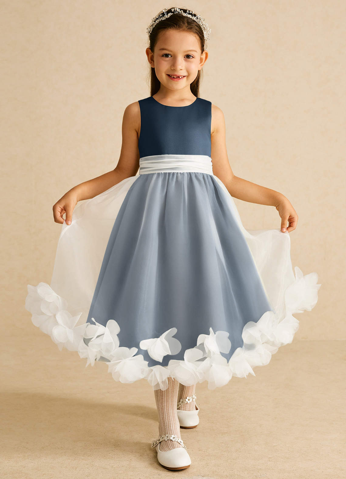 Azazie Stardust Blumenmädchenkleider A-Linie ärmellos Organza Kleid Neptunblau image1