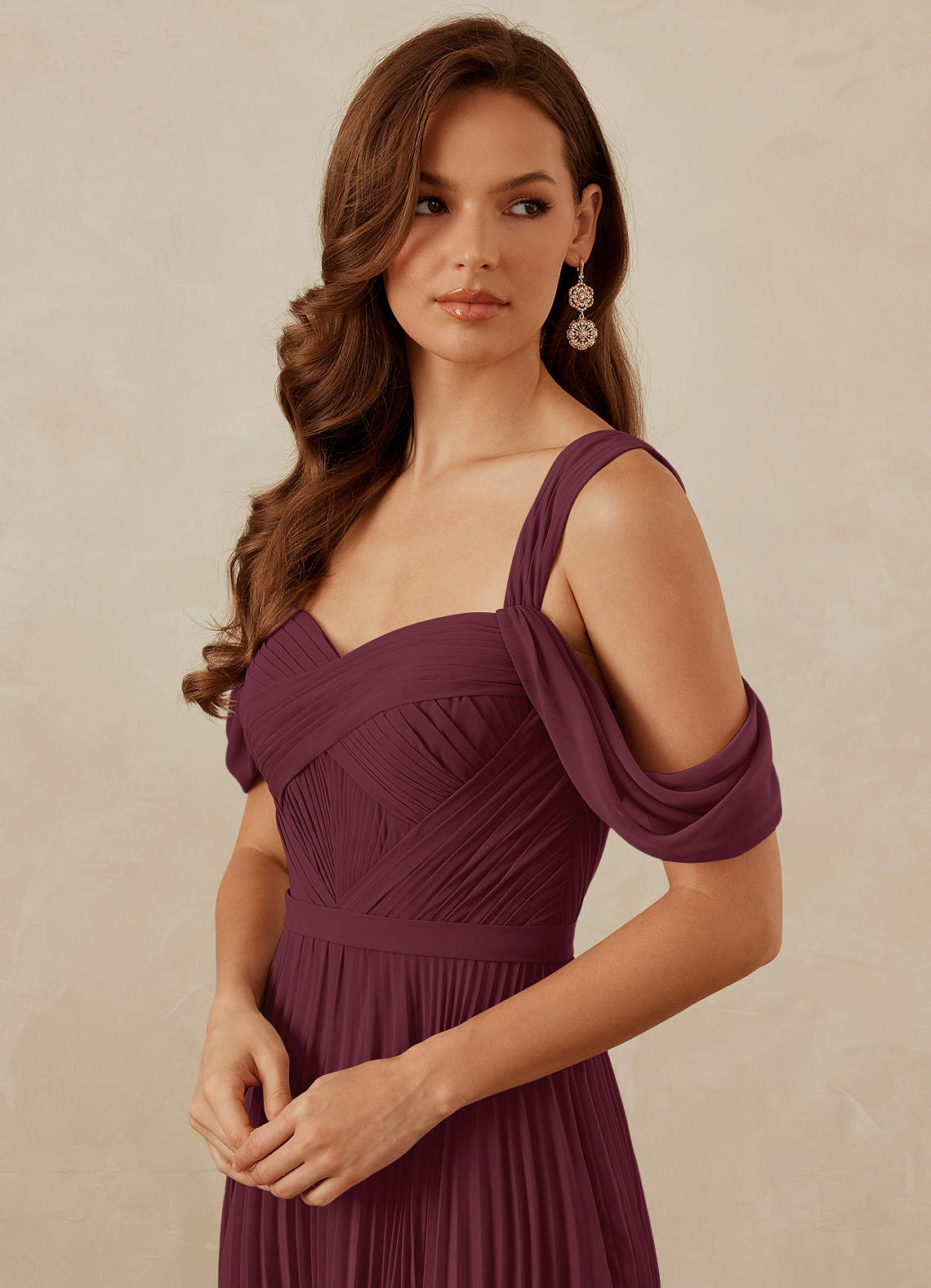 Christian Siriano Bridal for Azazie 1013 Bridesmaid Dresses Cabernet A-Line Off the Shoulder Chiffon Dress image1