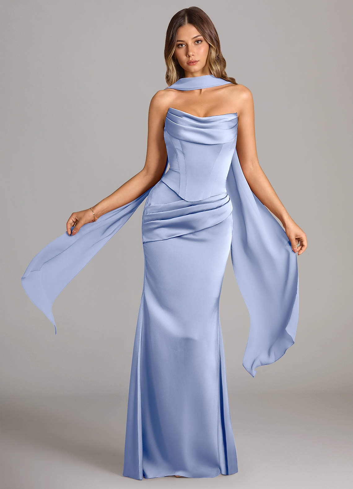 Azazie Sorrel Robes de demoiselle d'honneur Robe Sirène Convertible en Satin extensible Sans bretelle Eis image1