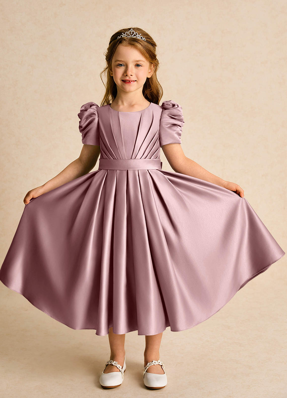 Azazie Miriam Abiti da Ragazza di Fiori Abito Principessa in Raso Opaco Plissettato Rosa Polverosa image4