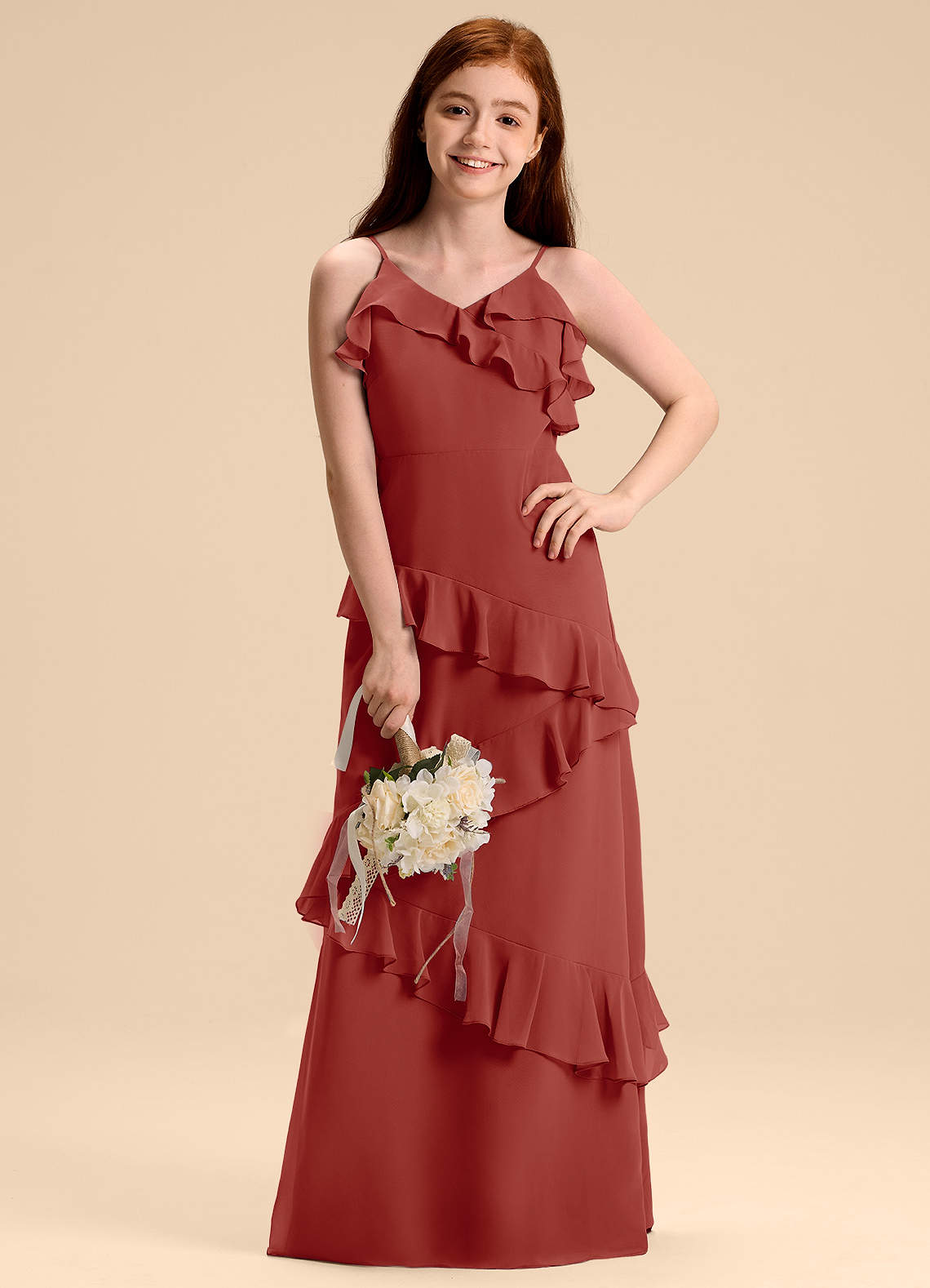 Azazie Evara Junior Terracotta A-Line Chiffon Dress image1